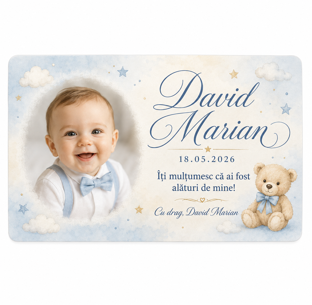 Magnet de frigider personalizat pentru botez cu poză și nume – Mărturie pentru invitați