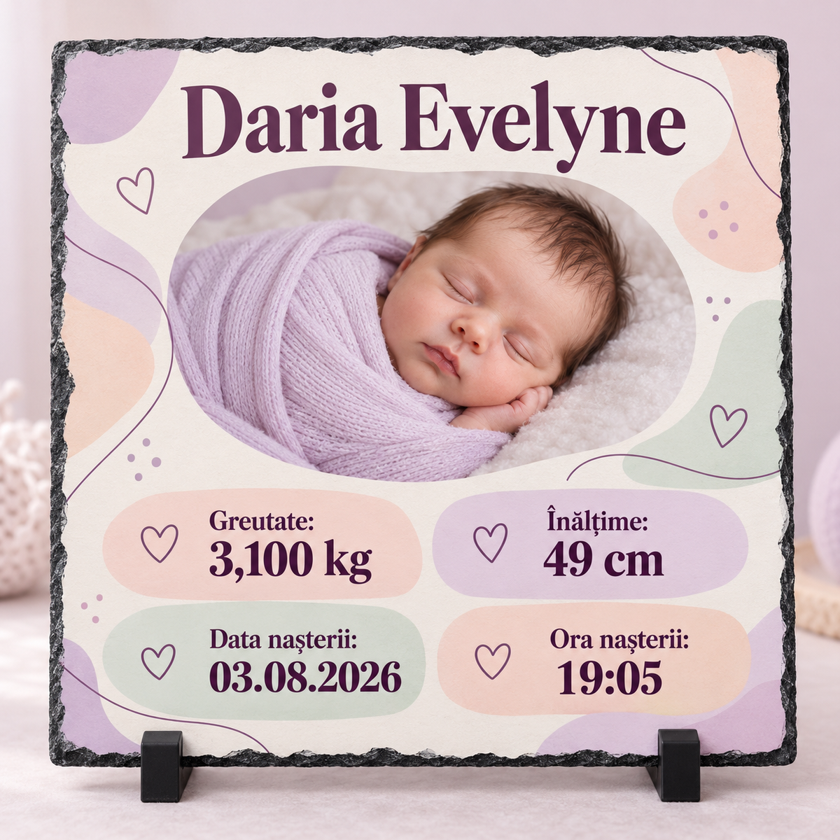 Placă ardezie personalizată 20x20 cm pentru bebeluș – Model pastel abstract cu poză, nume și datele nașterii