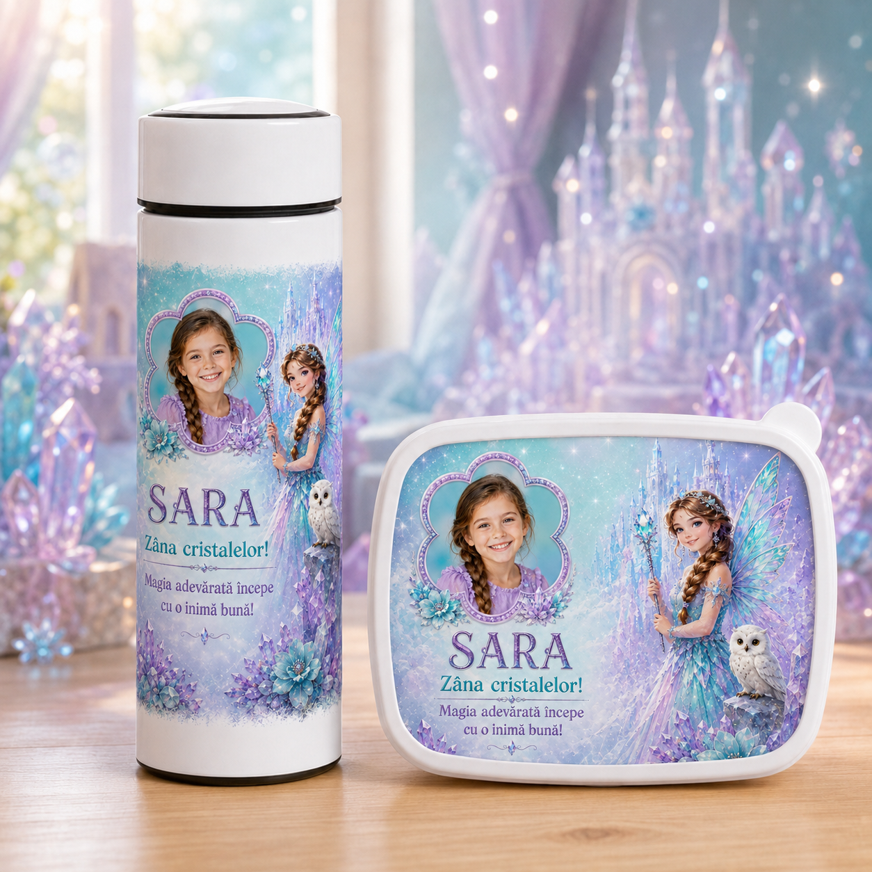Set personalizat pentru fetițe – Lunchbox + Termos 500 ml cu infuzor | Zâna cristalelor