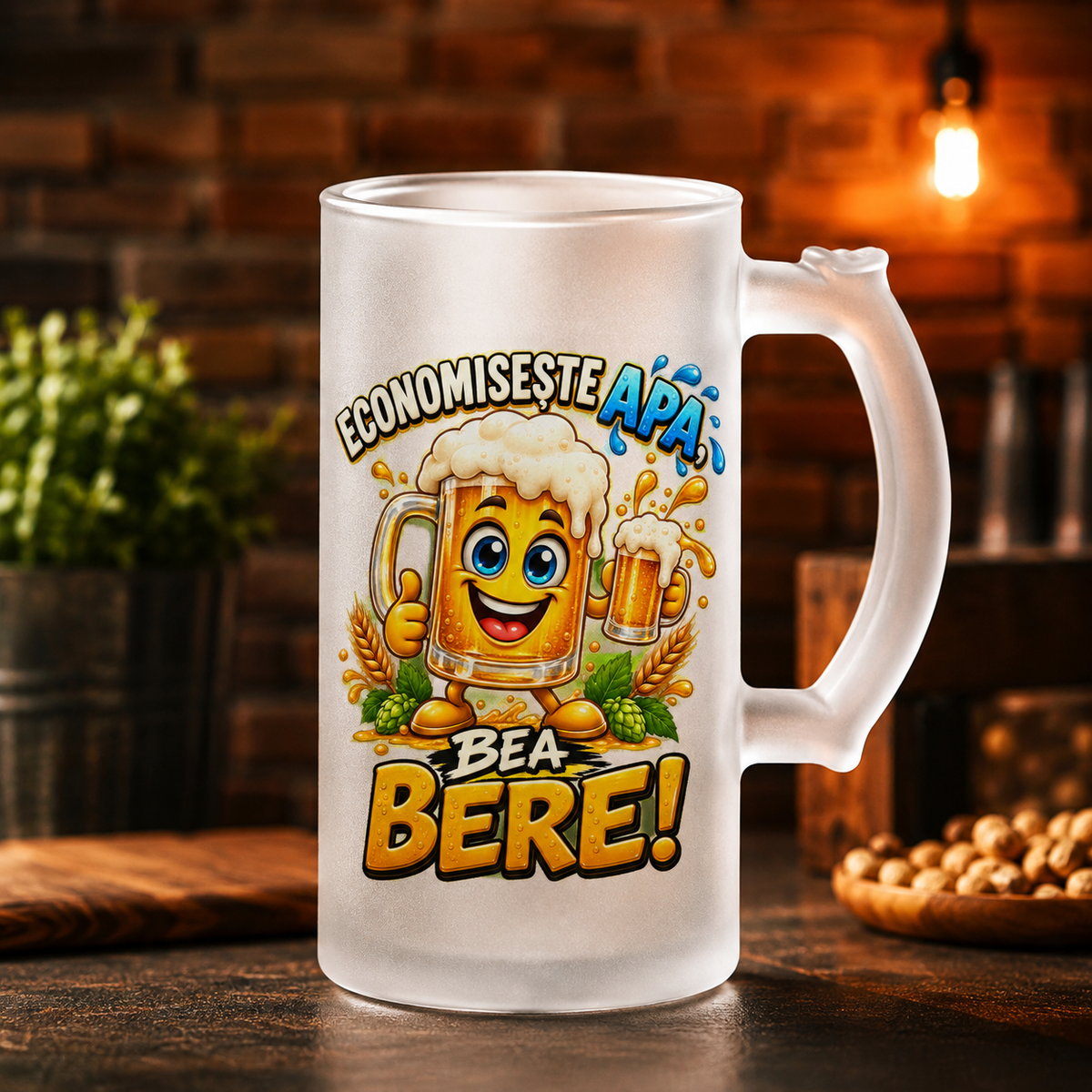 Halbă de bere 500 ml „Economisește apă, bea bere!” – cadou amuzant pentru iubitorii de bere