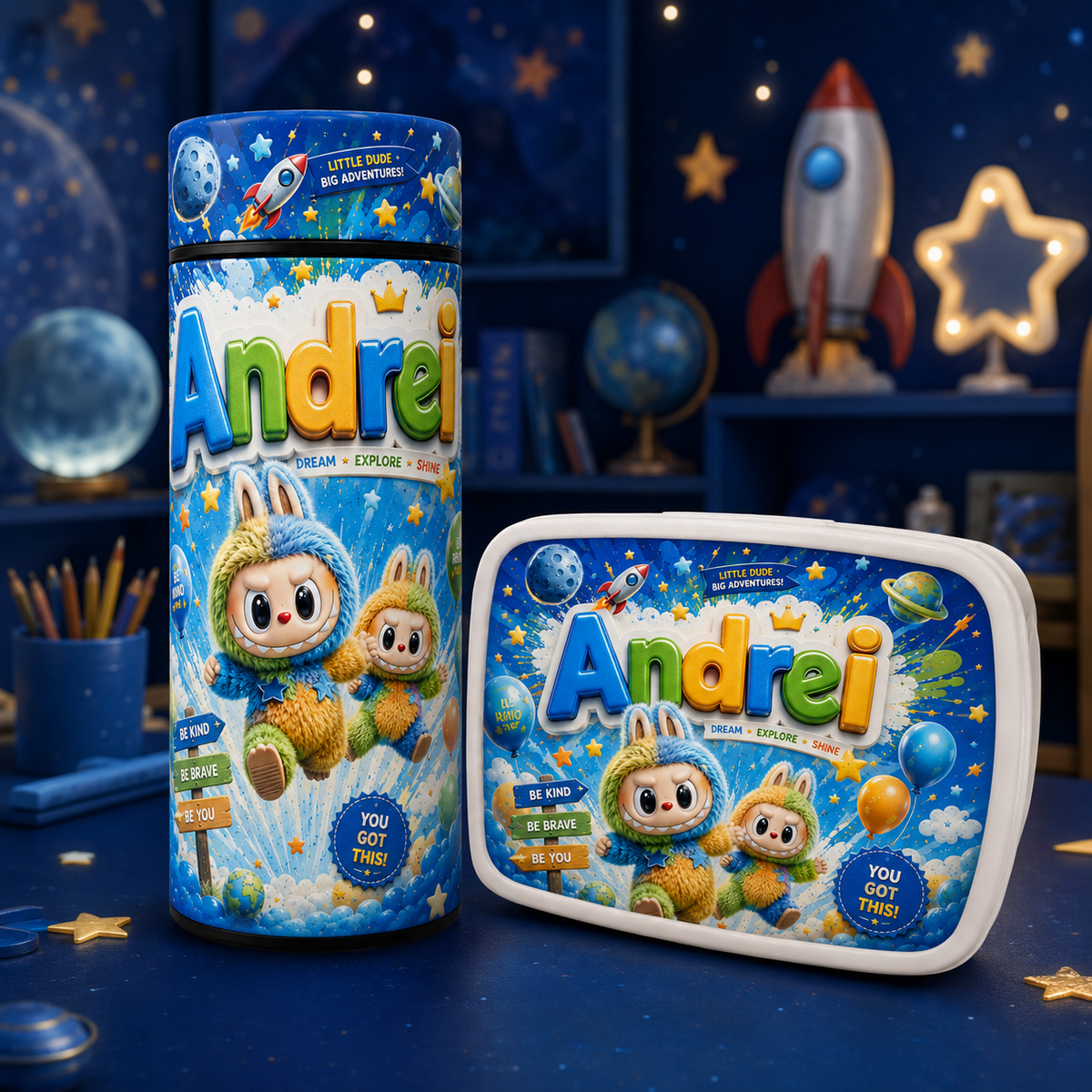 Set personalizat pentru băieți cu tematică spațială – termos 500 ml și cutie pentru prânz