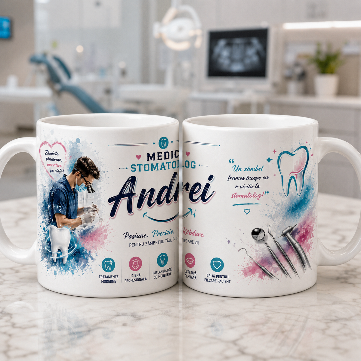 Cană personalizată pentru medic stomatolog cu numele Andrei, 330 ml, design cu dentist, dinte și instrumente stomatologice