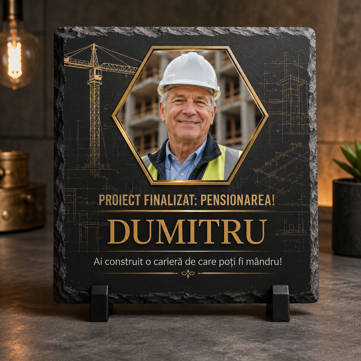 Placă ardezie personalizată 20×20 cm pentru pensionare în construcții – Cadou cu fotografie și nume