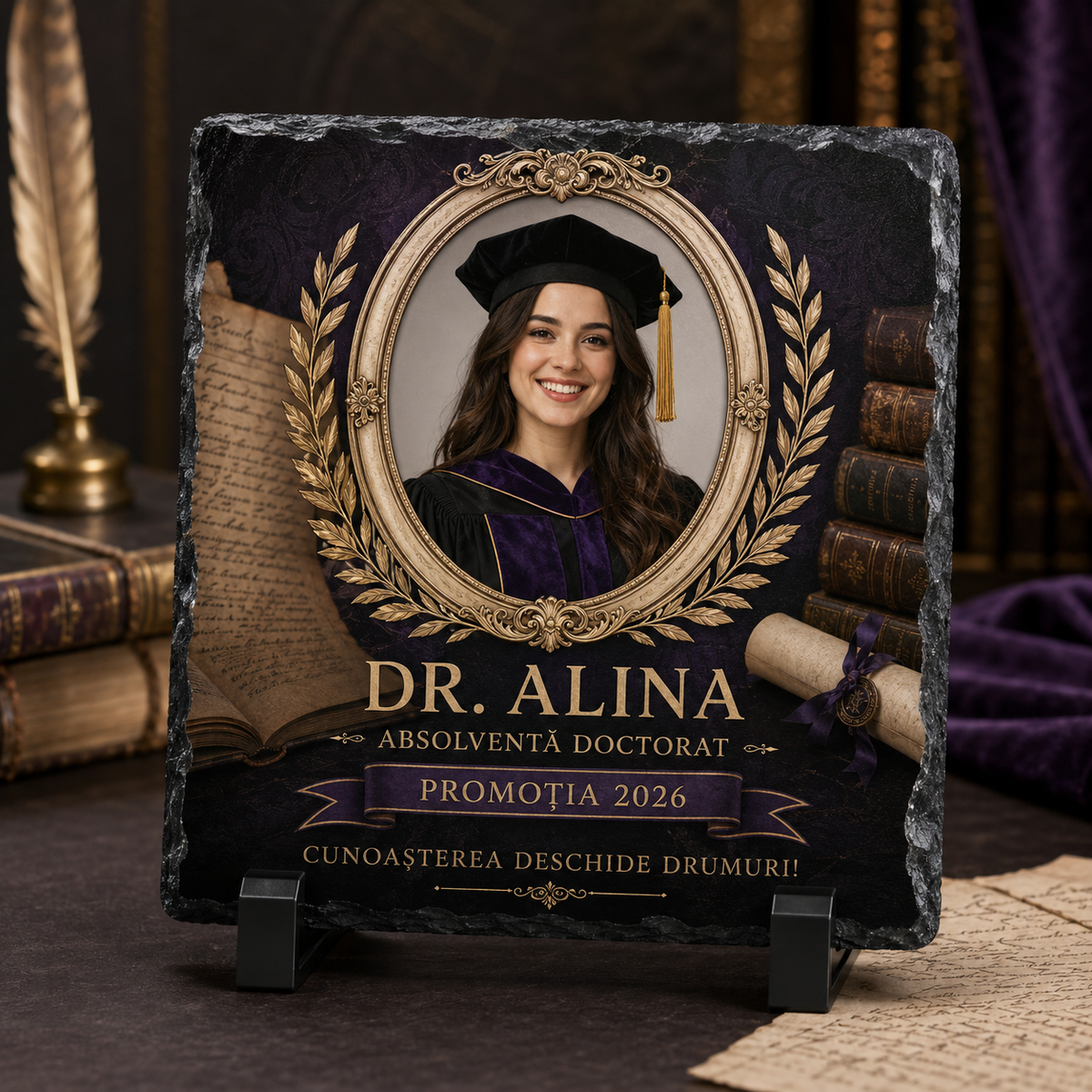Placă de Ardezie Personalizată Absolvire Doctorat 20×20 cm cu Poză, Nume și Promoție