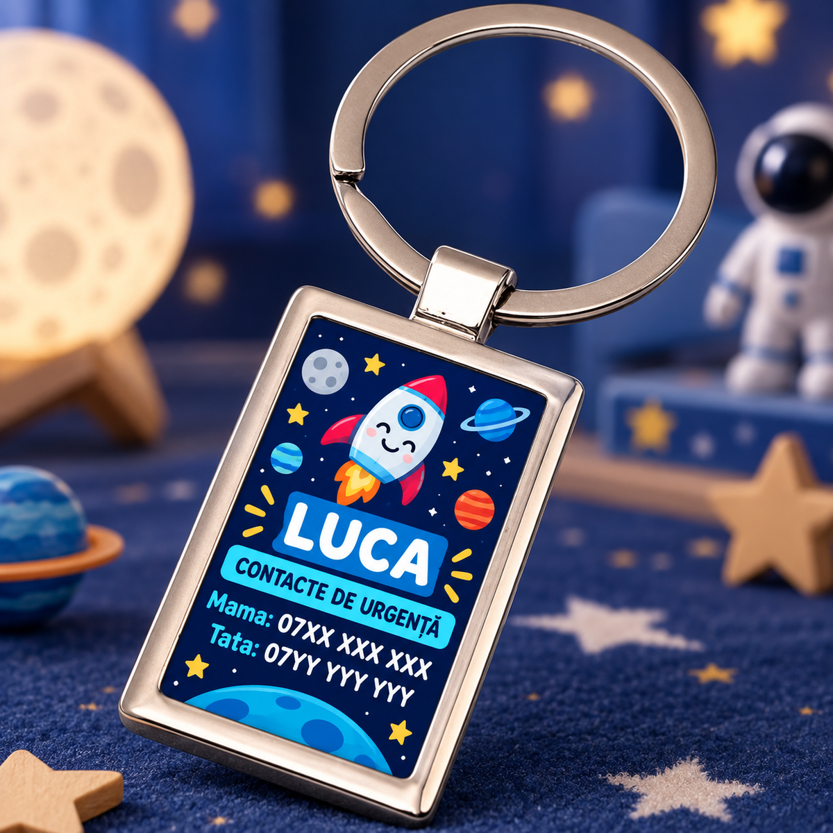 Breloc personalizat pentru copii cu contacte de urgență – model spațiu