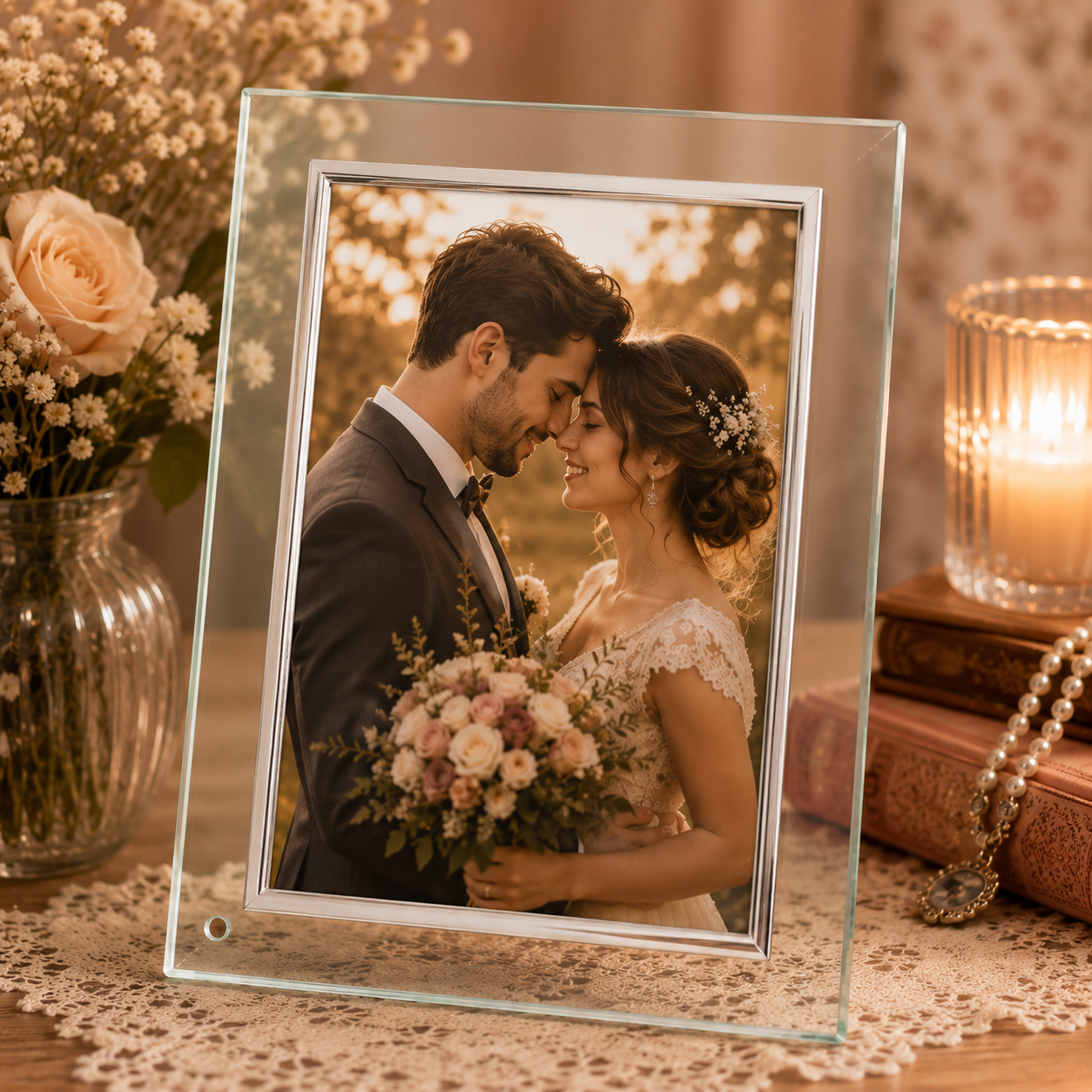 Ramă Foto din Sticlă Transparentă cu Margine Argintie – 10×15 cm