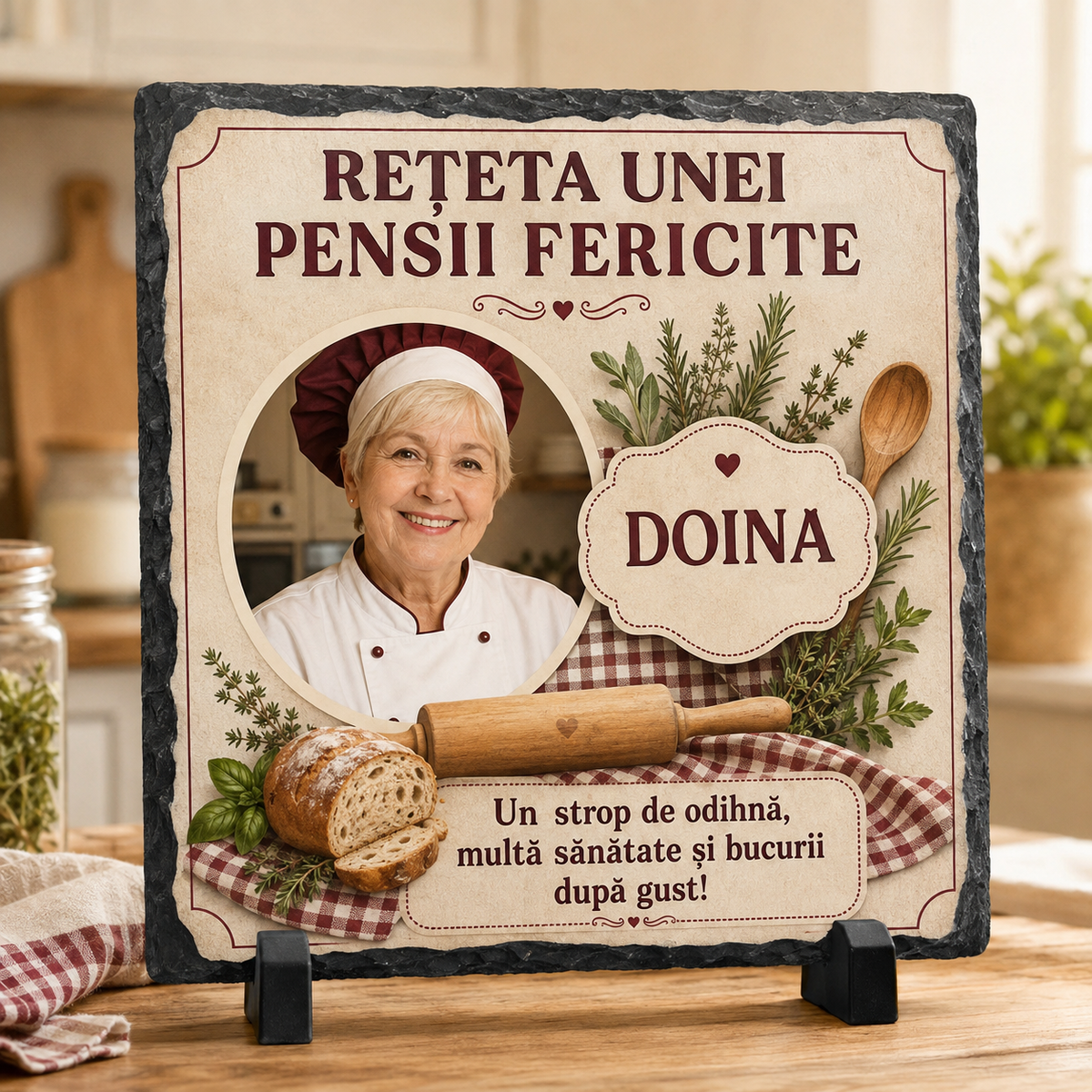 Placă ardezie personalizată 20×20 cm pentru bucătar la pensionare – „Rețeta unei pensii fericite”