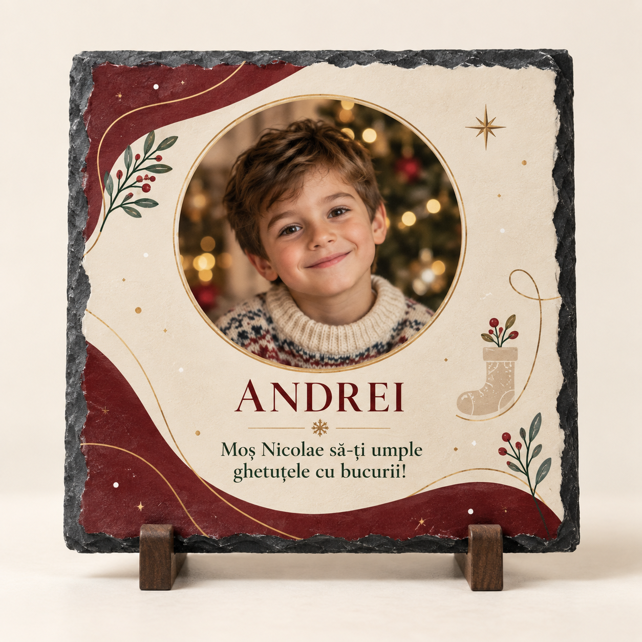 Placă Ardezie Personalizată pentru Copii 20×20 cm – Cadou de Moș Nicolae cu Poză și Nume