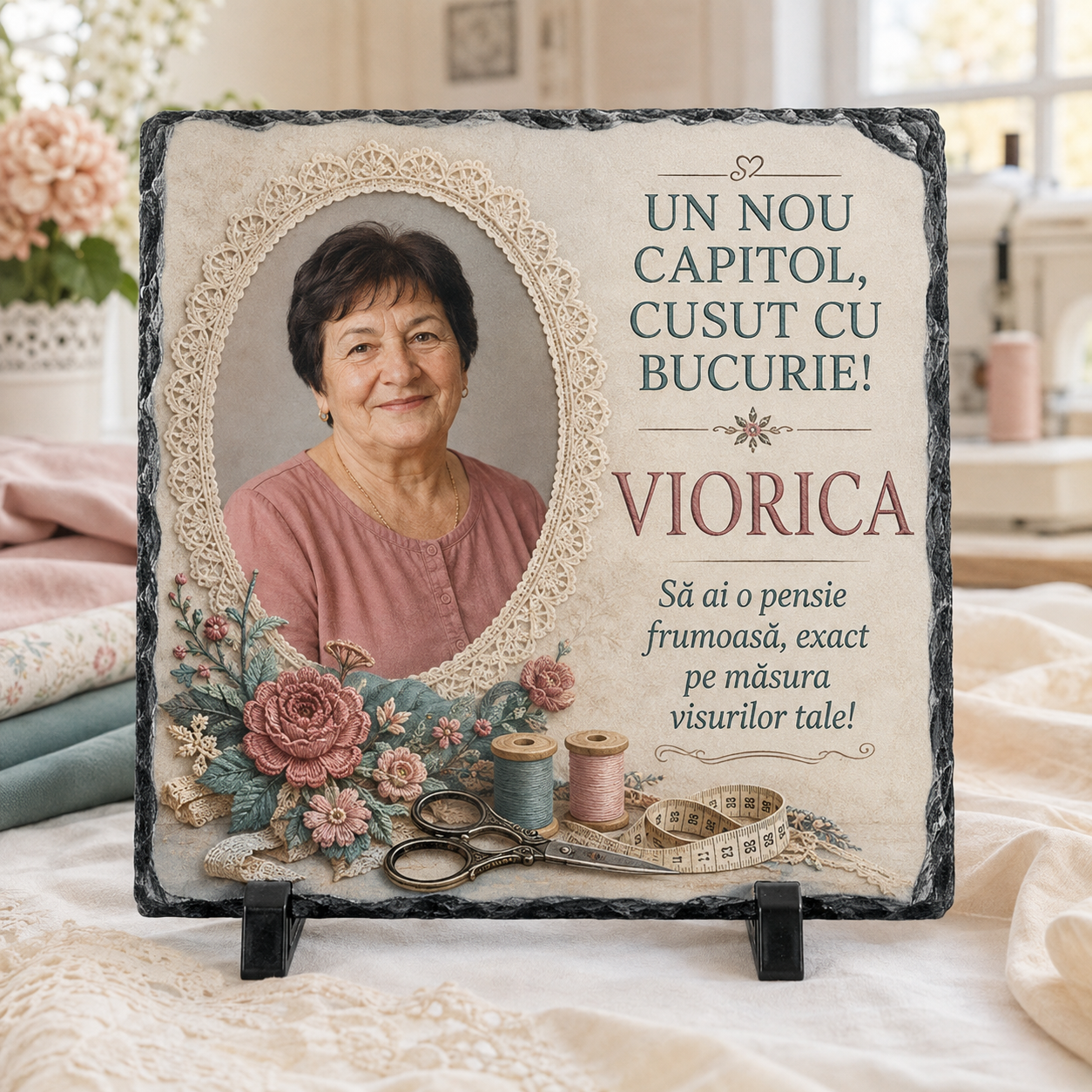 Placă ardezie personalizată 20×20 cm pentru croitoreasă pensionară – Cadou cu fotografie și mesaj