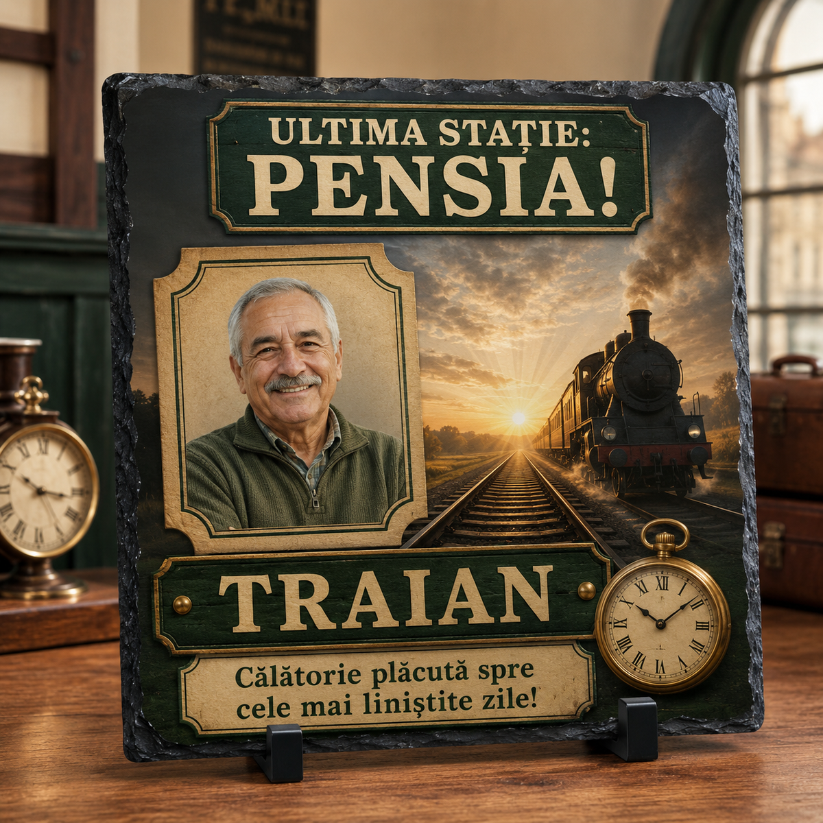Placă ardezie personalizată 20×20 cm pentru ceferist pensionar – „Ultima stație: Pensia!”