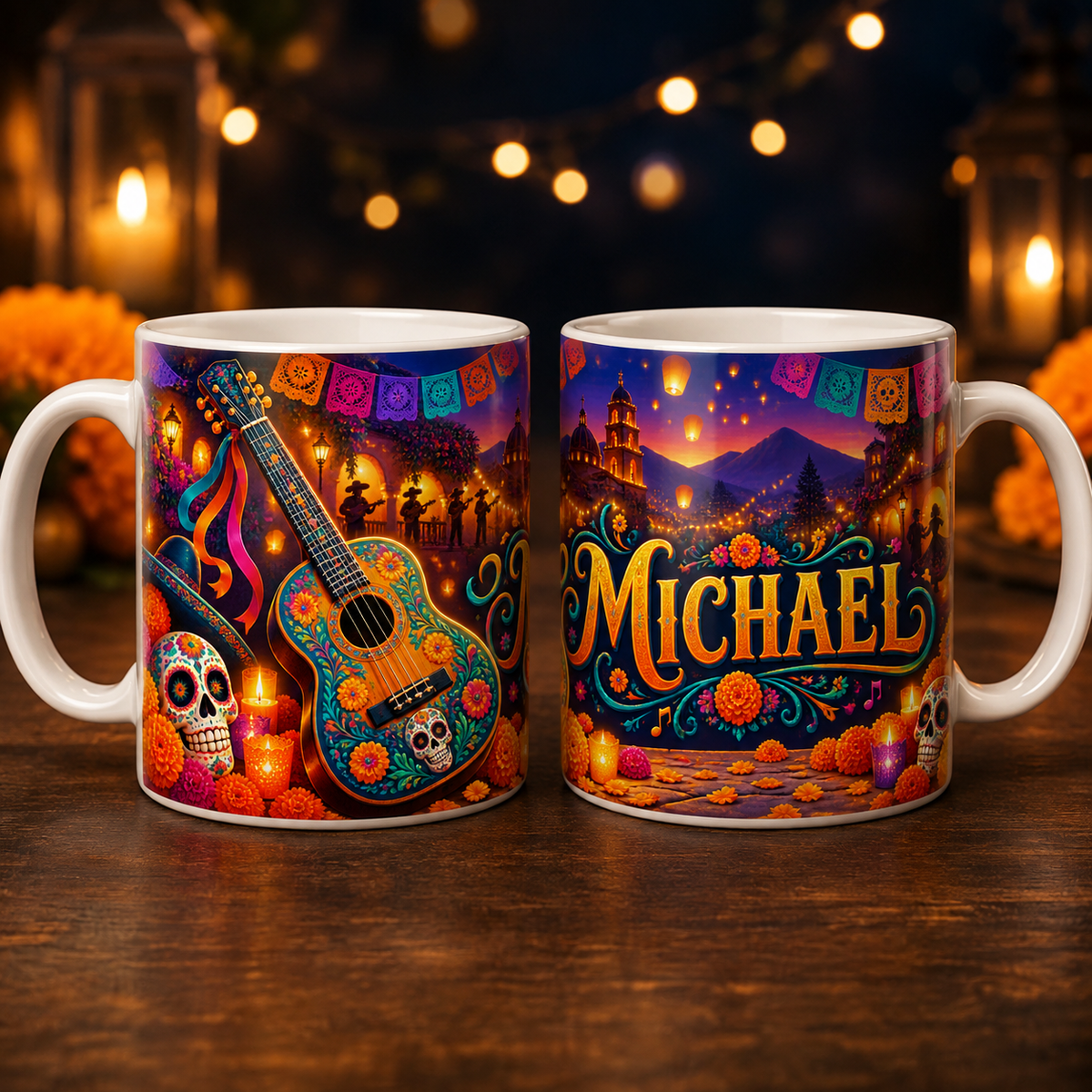 Cană personalizată cu nume – tematică mexicană Día de los Muertos, 330 ml