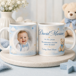 Set Cadou Personalizat Botez cu Poză – Cană 330 ml + Magnet de Frigider – Nume, Dată și Mesaj