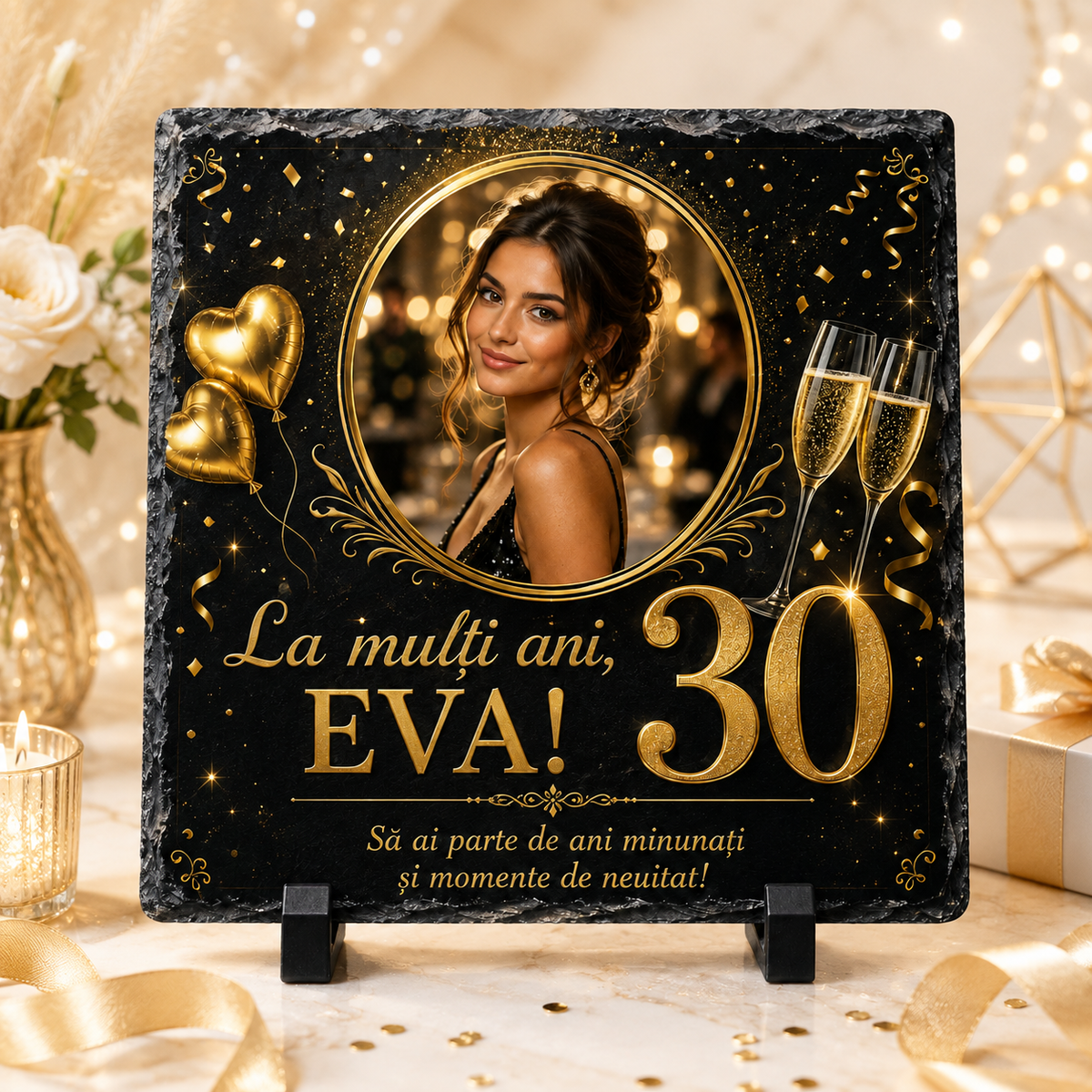 Placă din ardezie personalizată „La mulți ani, Eva! – 30 ani” – cadou aniversar elegant cu fotografie
