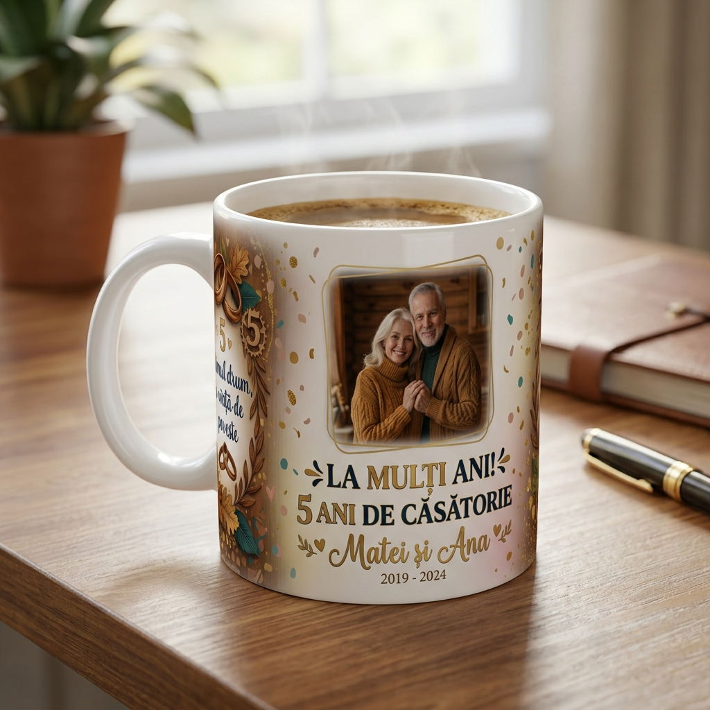 Cană Personalizată Aniversare 5 Ani de Căsătorie – Nunta de Lemn 330 ml