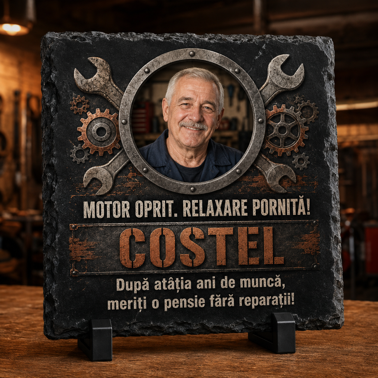 Placă ardezie personalizată 20×20 cm pentru mecanic auto pensionar – Cadou cu fotografie și mesaj