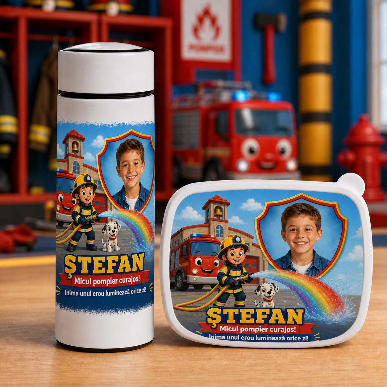 Set personalizat copii – Lunchbox + Termos 500 ml „Micul Pompier Curajos”