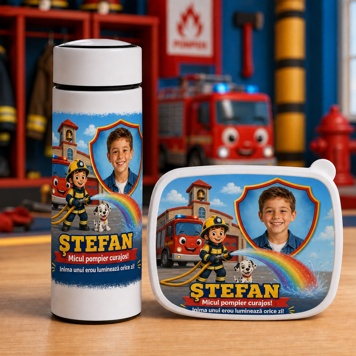 Set personalizat copii – Lunchbox + Termos 500 ml „Micul Pompier Curajos”