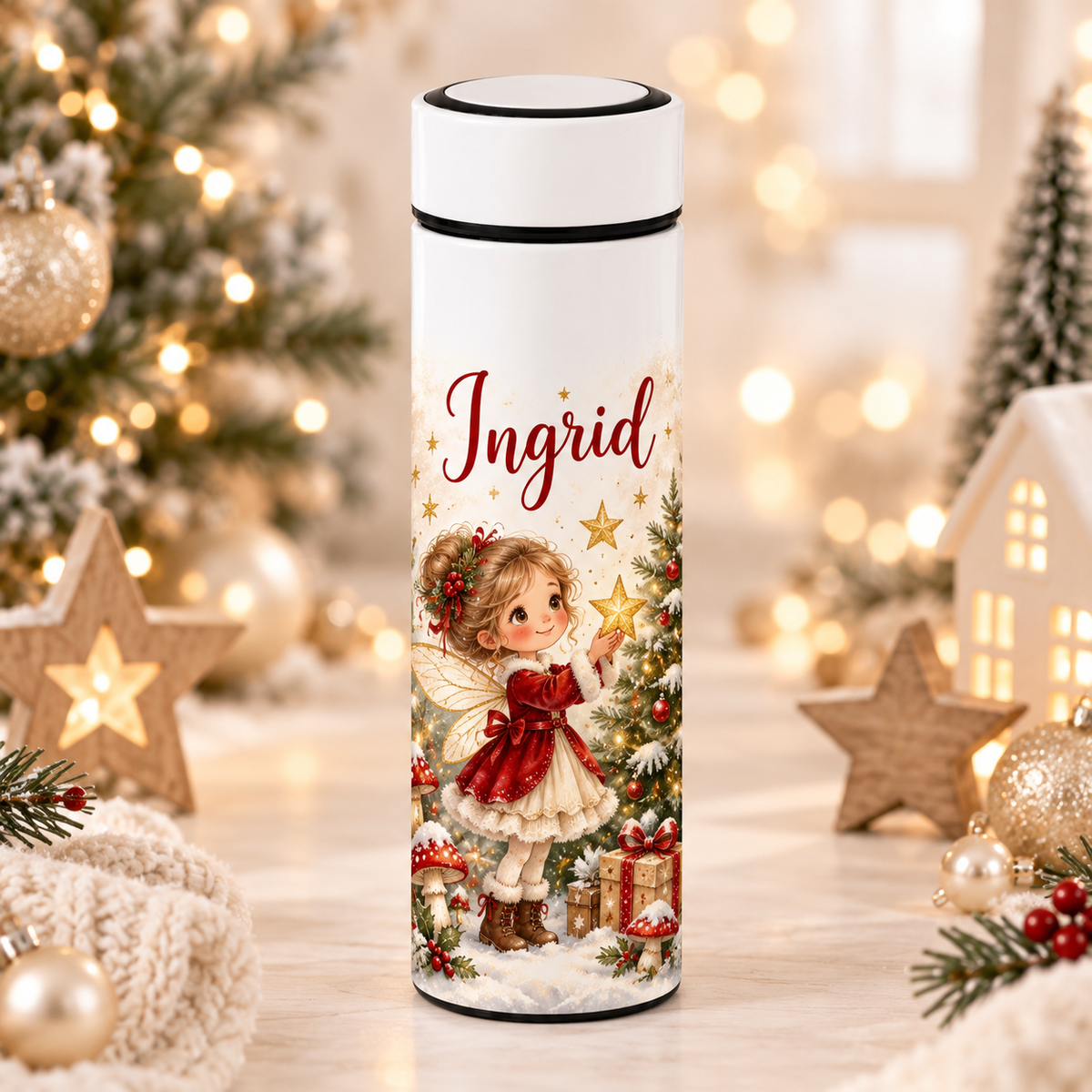 Termos Personalizat 500 ml cu Infuzor de Ceai și Nume – Zână de Crăciun