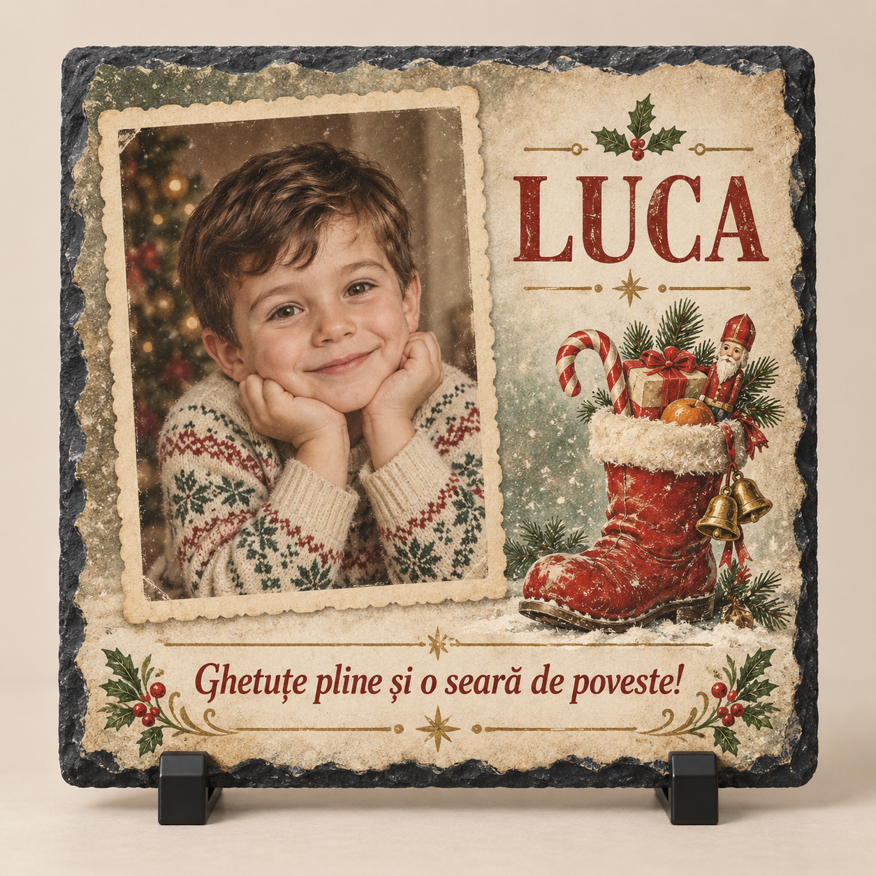 Placă Ardezie Personalizată 20×20 cm pentru Copii – Cadou de Moș Nicolae cu Poză și Nume