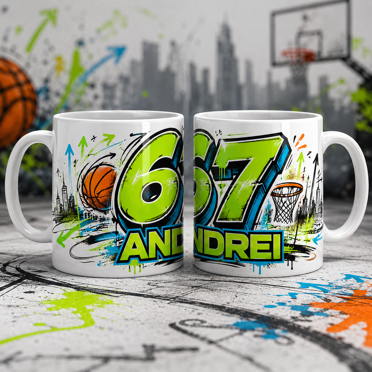 Cană personalizată „67 – Six Seven” Baschet cu nume – 330 ml
