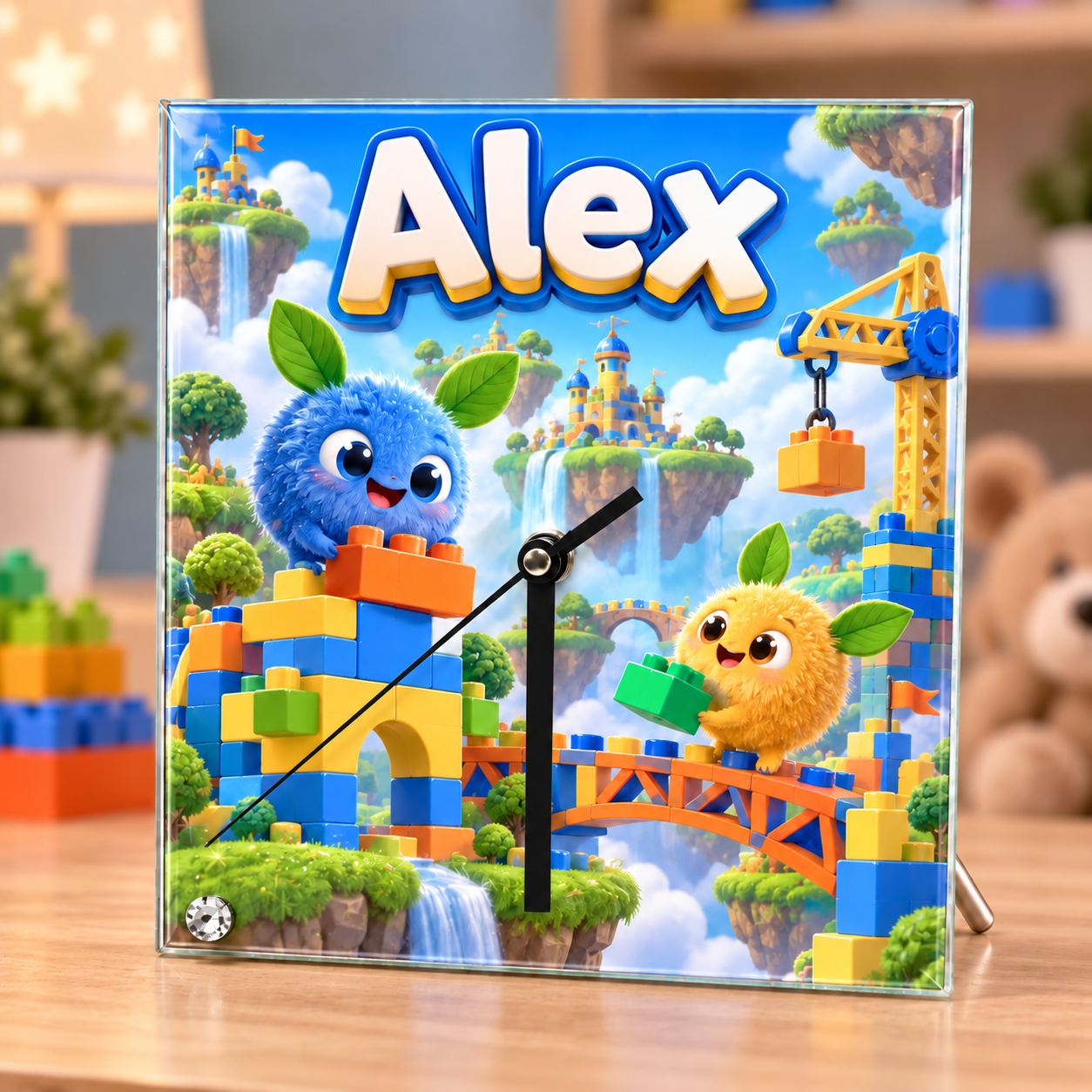 Ceas de birou personalizat pentru copii din sticlă 20×20 cm – Cuburi de Construcție, Macara și Lume Fantastică cu Nume
