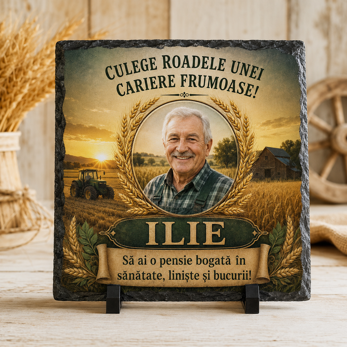 Placă ardezie personalizată 20×20 cm pentru agricultor pensionar – Cadou cu fotografie și tematică agricolă