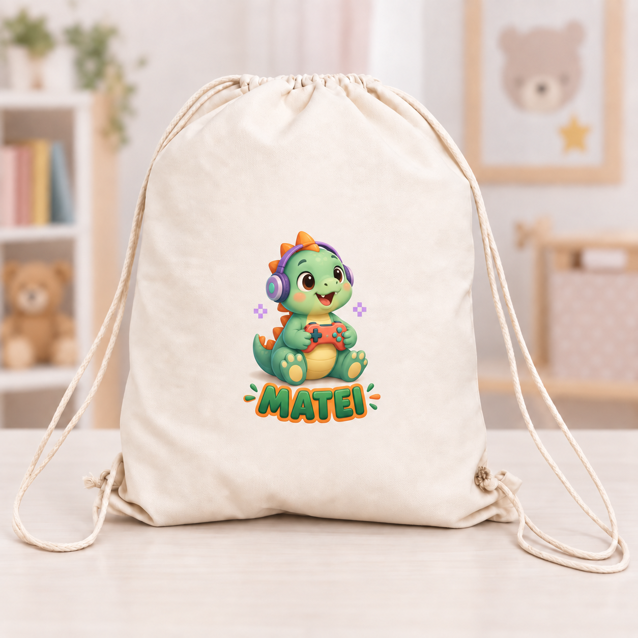 Săculeț personalizat pentru copii cu nume – Dinozaur Gamer, canvas 43x34 cm
