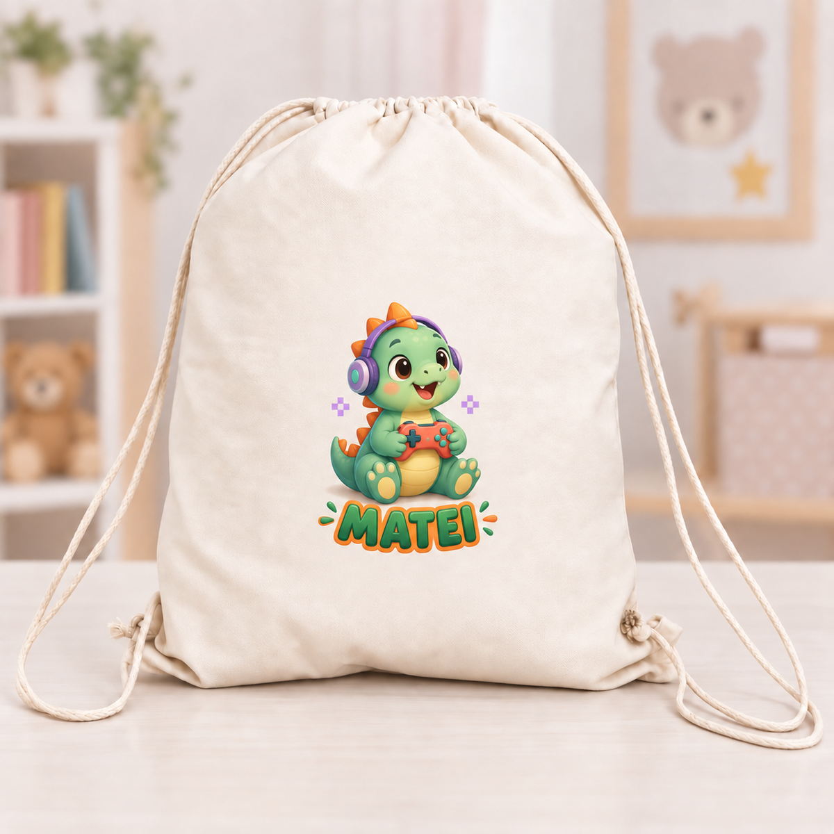 Săculeț personalizat pentru copii cu nume – Dinozaur Gamer, canvas 43x34 cm