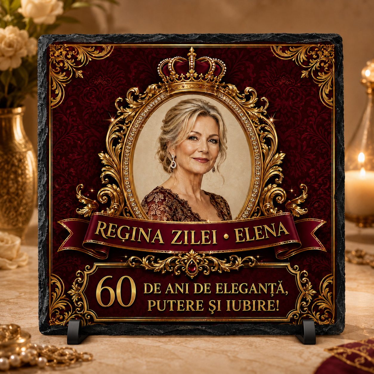 Placă de ardezie personalizată 20×20 cm – „Regina Zilei” | Cadou aniversar elegant pentru femei