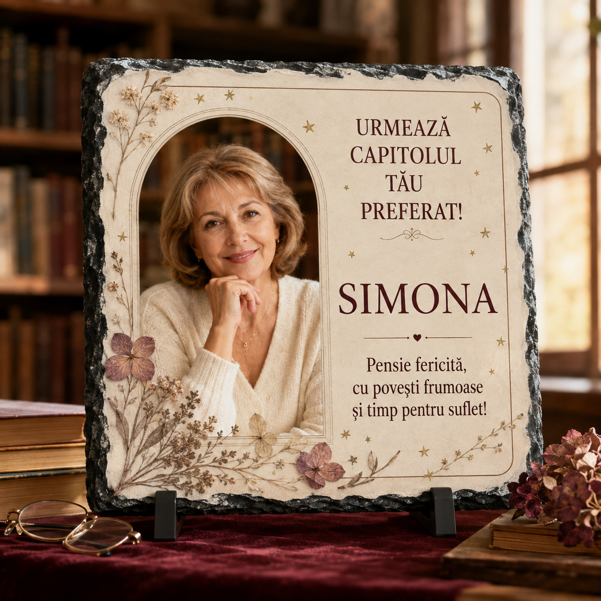 Placă ardezie personalizată 20×20 cm pentru bibliotecară pensionară – Cadou cu fotografie și mesaj