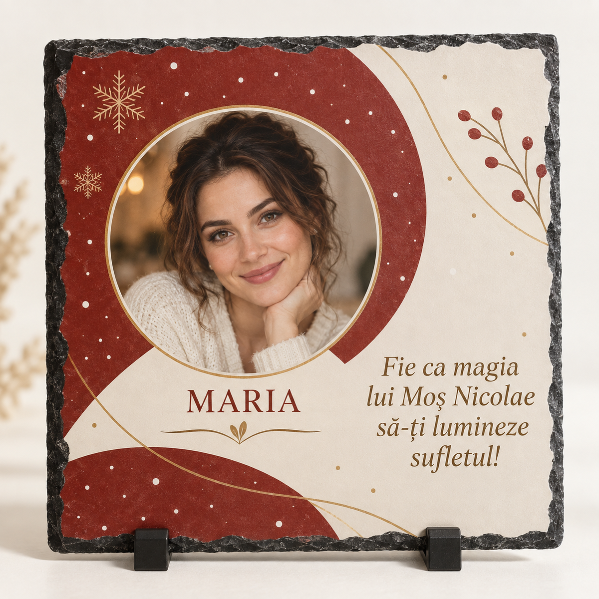 Placă Ardezie Personalizată cu Poză și Nume 20×20 cm – Cadou Elegant de Moș Nicolae pentru Ea