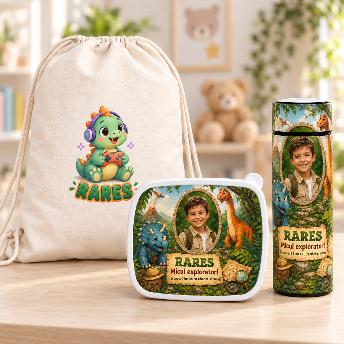 Set personalizat băieți cu poză și nume – Rucsac canvas, termos 500 ml și cutie sandwich, model Dinozauri