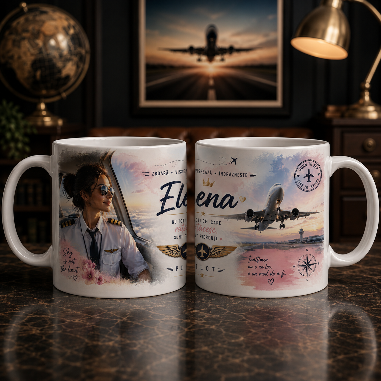 Cană Personalizată Femeie Pilot cu Nume și Poză – Cadou Aviație, 330 ml