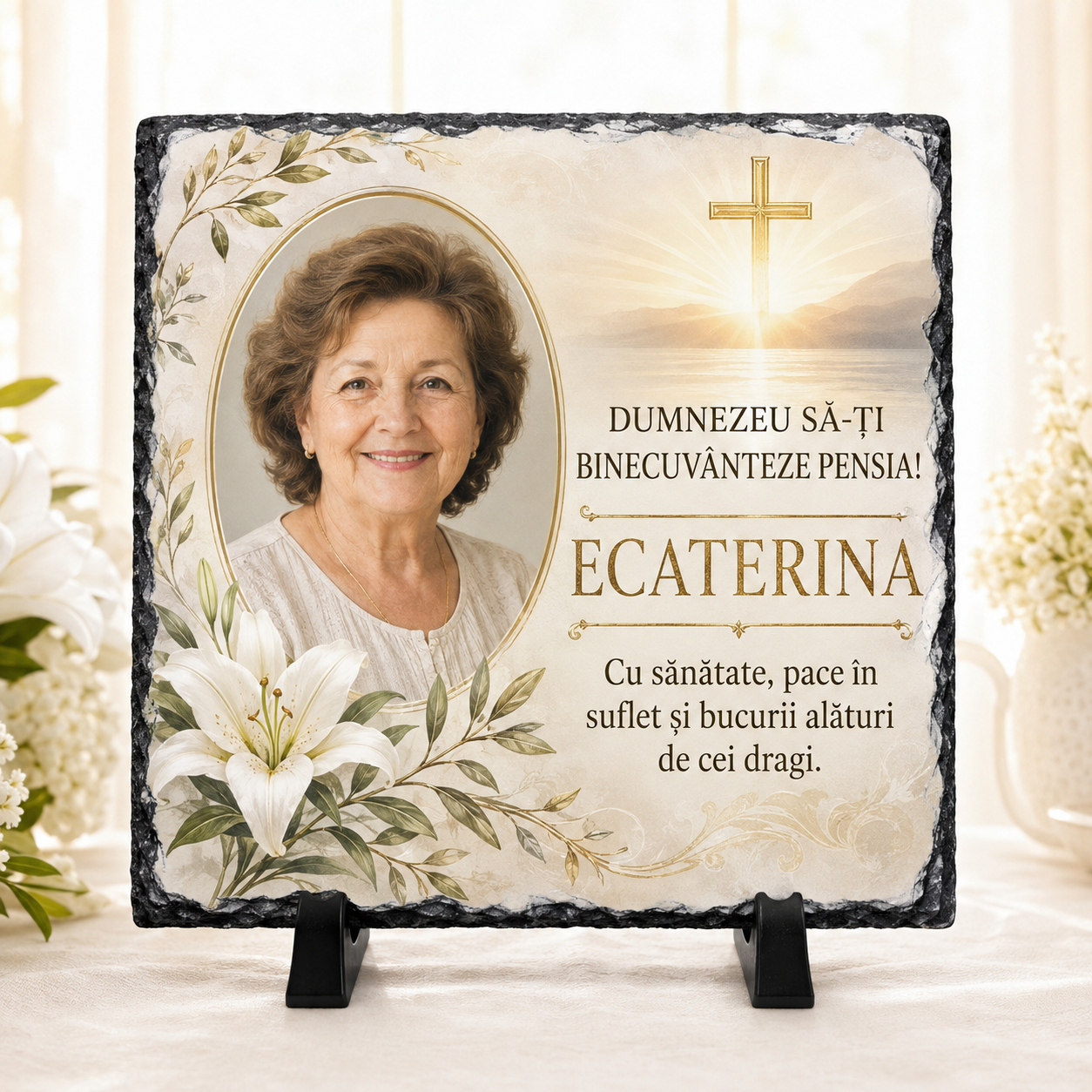 Placă ardezie personalizată 20×20 cm cu mesaj religios pentru pensionare – Cadou creștin cu fotografie