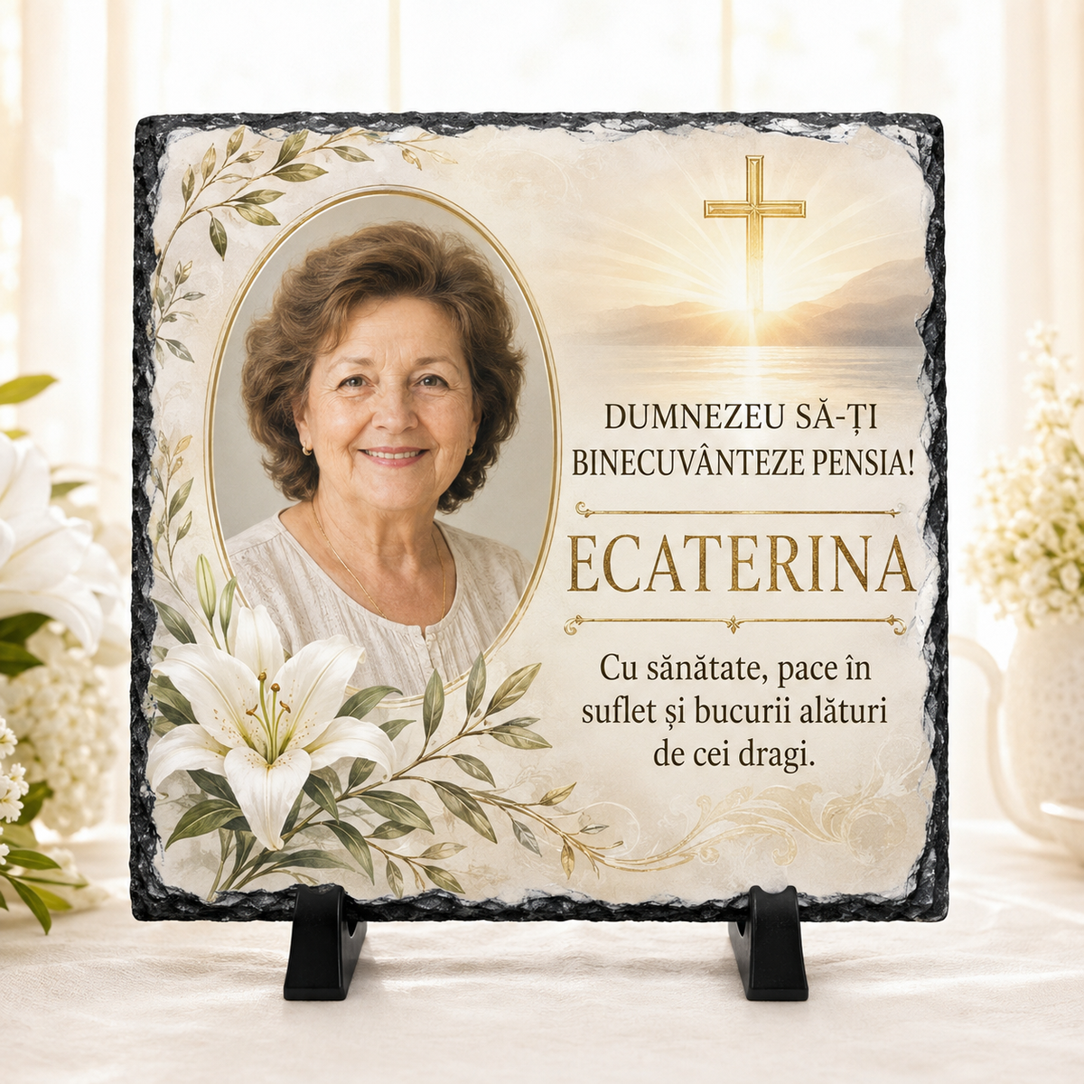 Placă ardezie personalizată 20×20 cm cu mesaj religios pentru pensionare – Cadou creștin cu fotografie