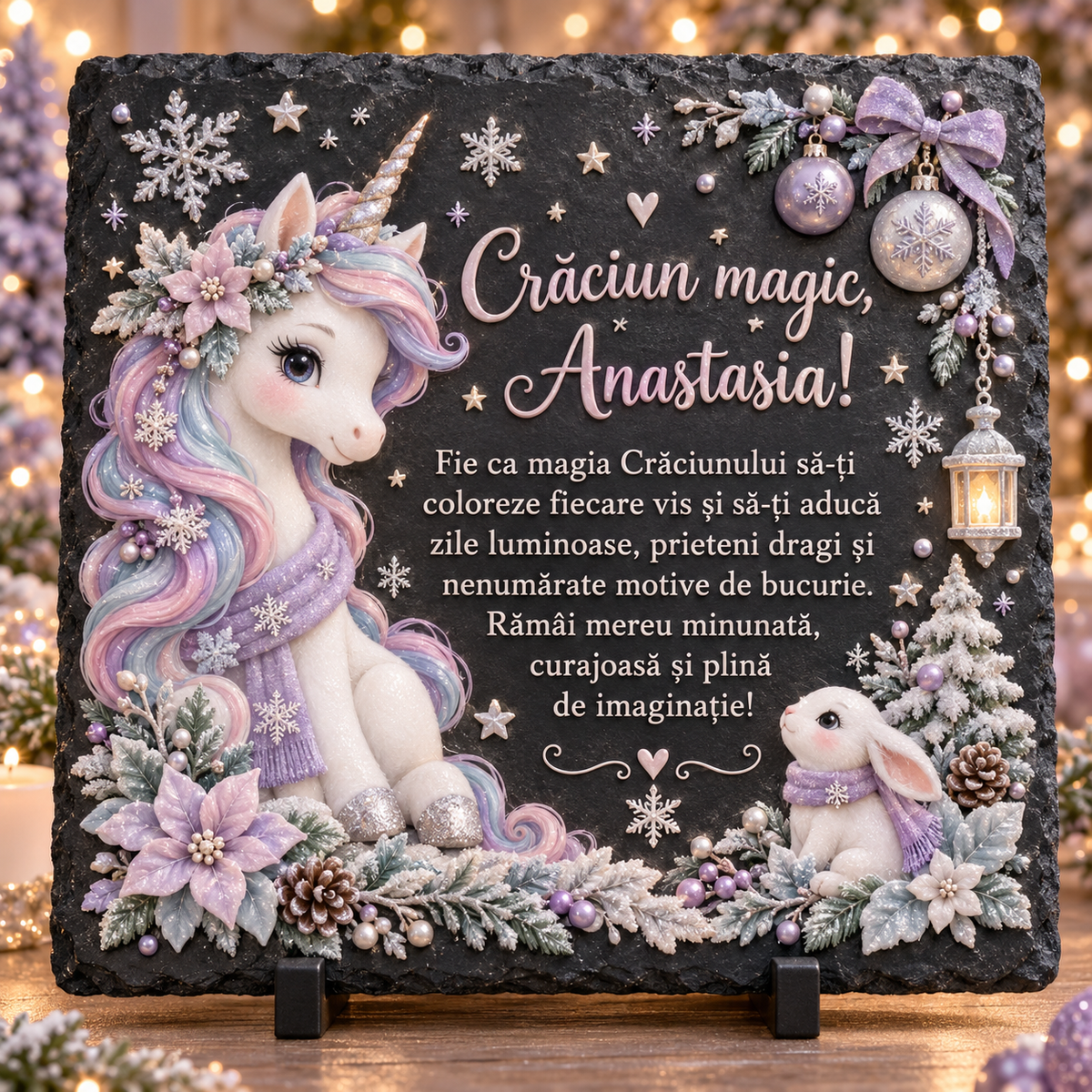 Placă de ardezie personalizată pentru fetițe 20 × 20 cm – „Crăciun magic” cu unicorn și iepuraș