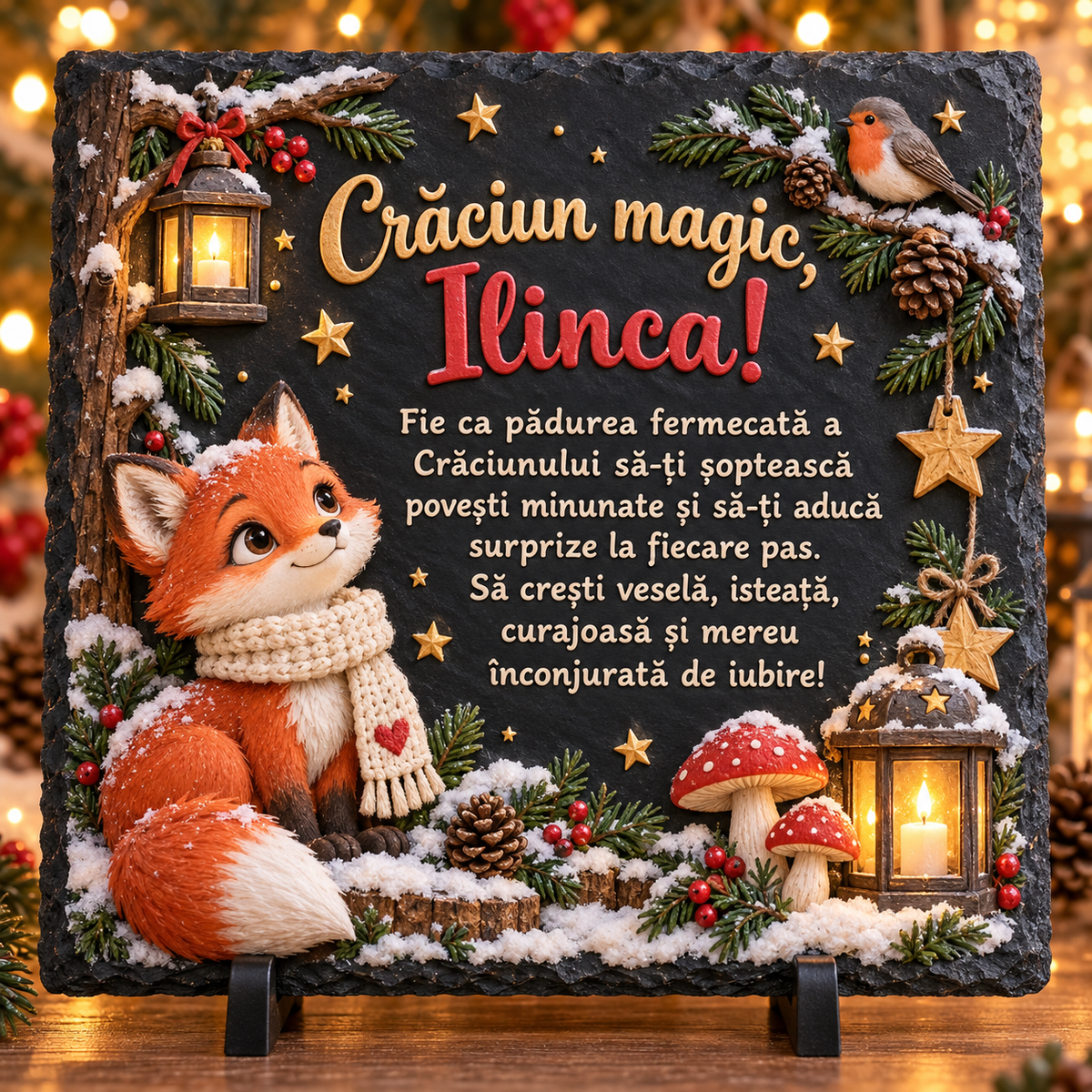 Placă de ardezie personalizată pentru fetițe 20 × 20 cm – „Crăciun magic” cu vulpiță și mesaj de suflet
