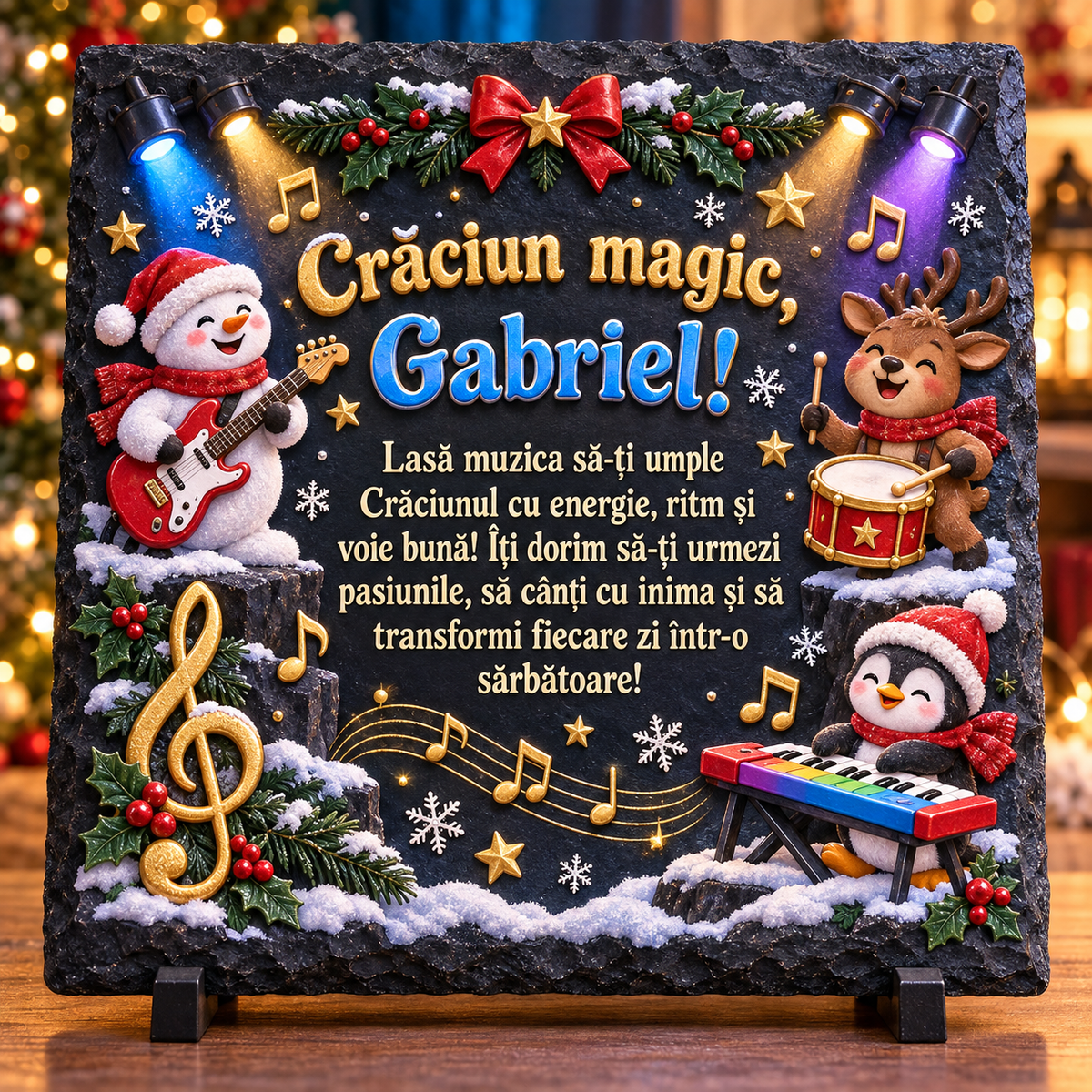 Placă de ardezie personalizată pentru copii 20 × 20 cm – „Crăciun magic” cu tematică muzicală