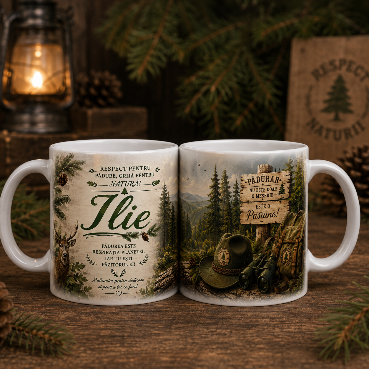 Cană personalizată pentru pădurar cu numele Ilie, 330 ml, design forestier cu cerb, pădure, binoclu și echipament silvic