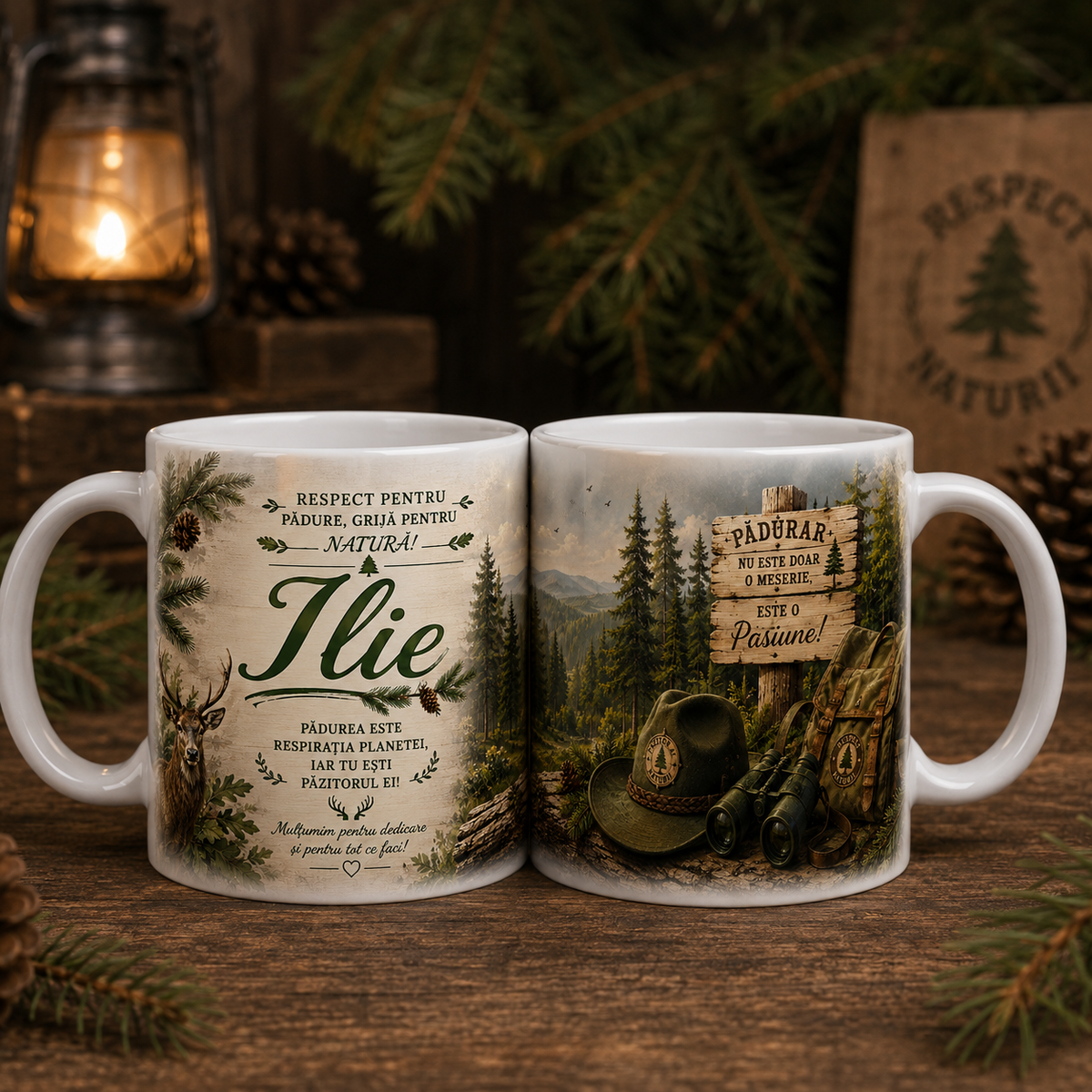 Cană personalizată pentru pădurar cu numele Ilie, 330 ml, design forestier cu cerb, pădure, binoclu și echipament silvic