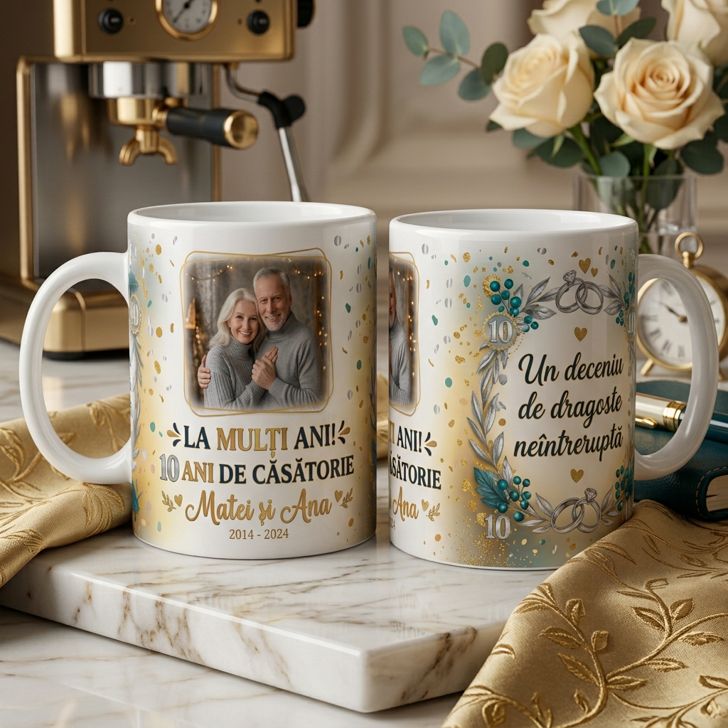 Cană Personalizată Aniversare 10 Ani de Căsătorie – Nunta de Tinichea / Aluminiu 330 ml