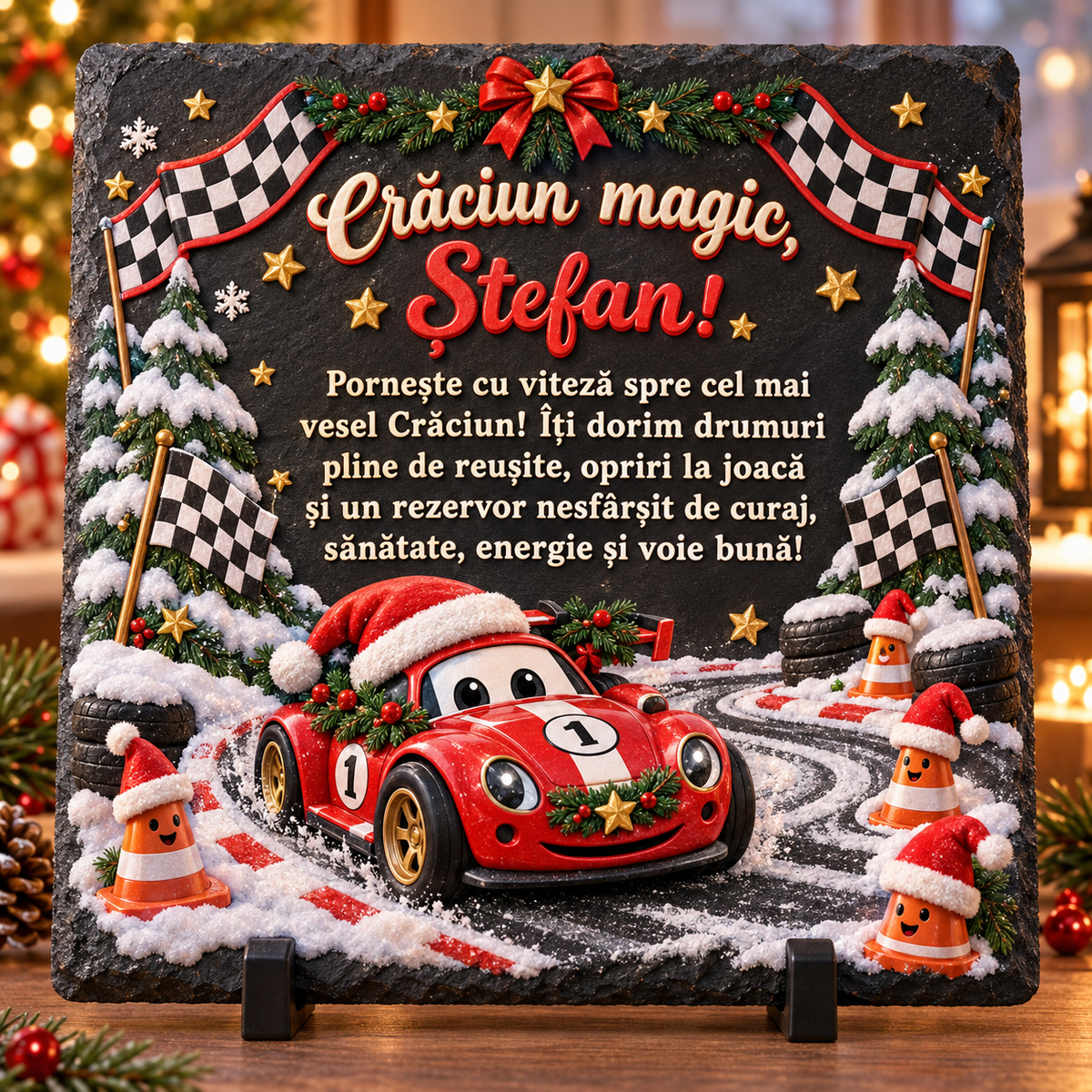 Placă de ardezie personalizată pentru băieți 20 × 20 cm – „Crăciun magic” cu mașină de curse