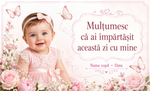 Mărturie de botez fetiță – Magnet de frigider personalizat 9 × 5,5 cm cu fotografie, flori roz și fluturași