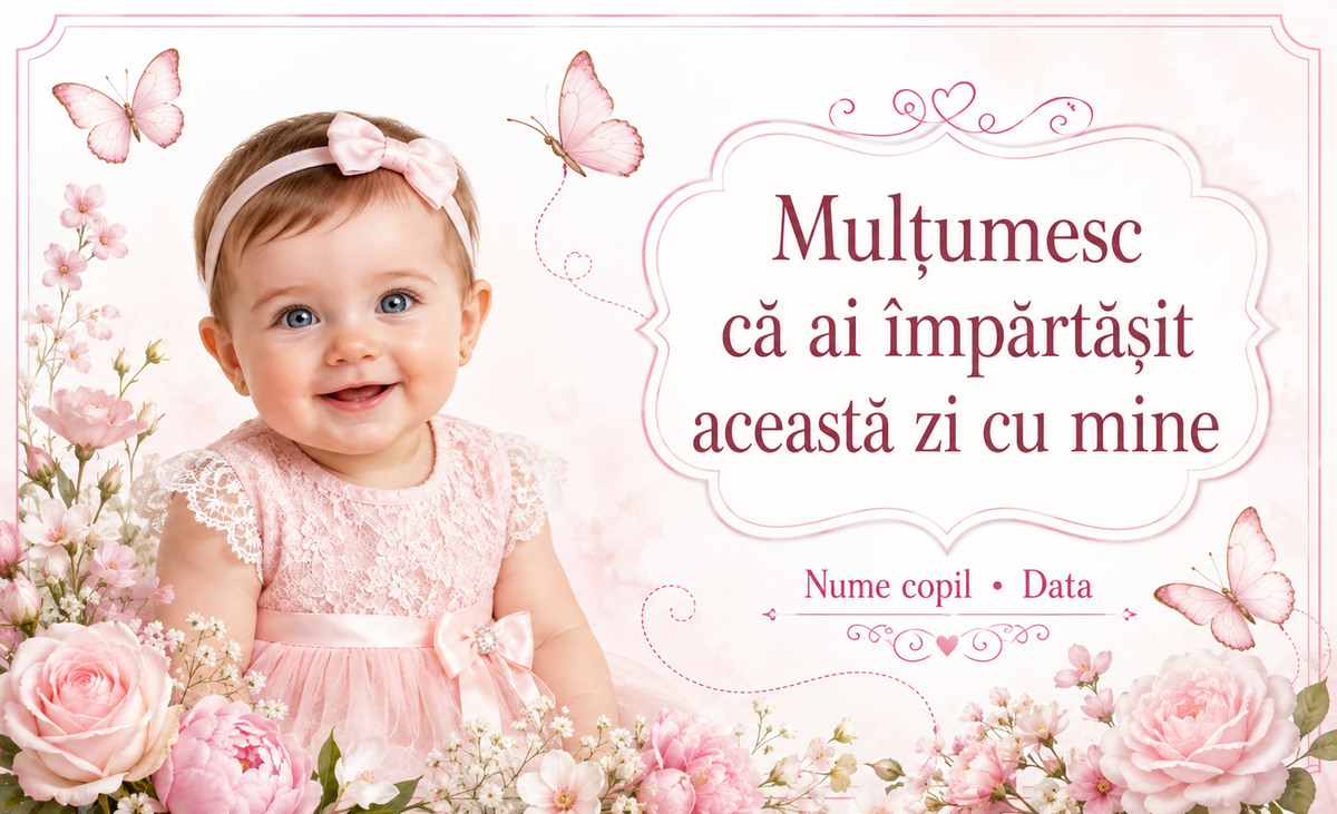 Mărturie de botez fetiță – Magnet de frigider personalizat 9 × 5,5 cm cu fotografie, flori roz și fluturași