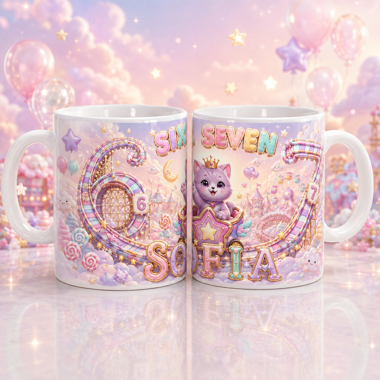 Cană personalizată Six Seven cu nume – Model Pastel Fantasy | 330 ml
