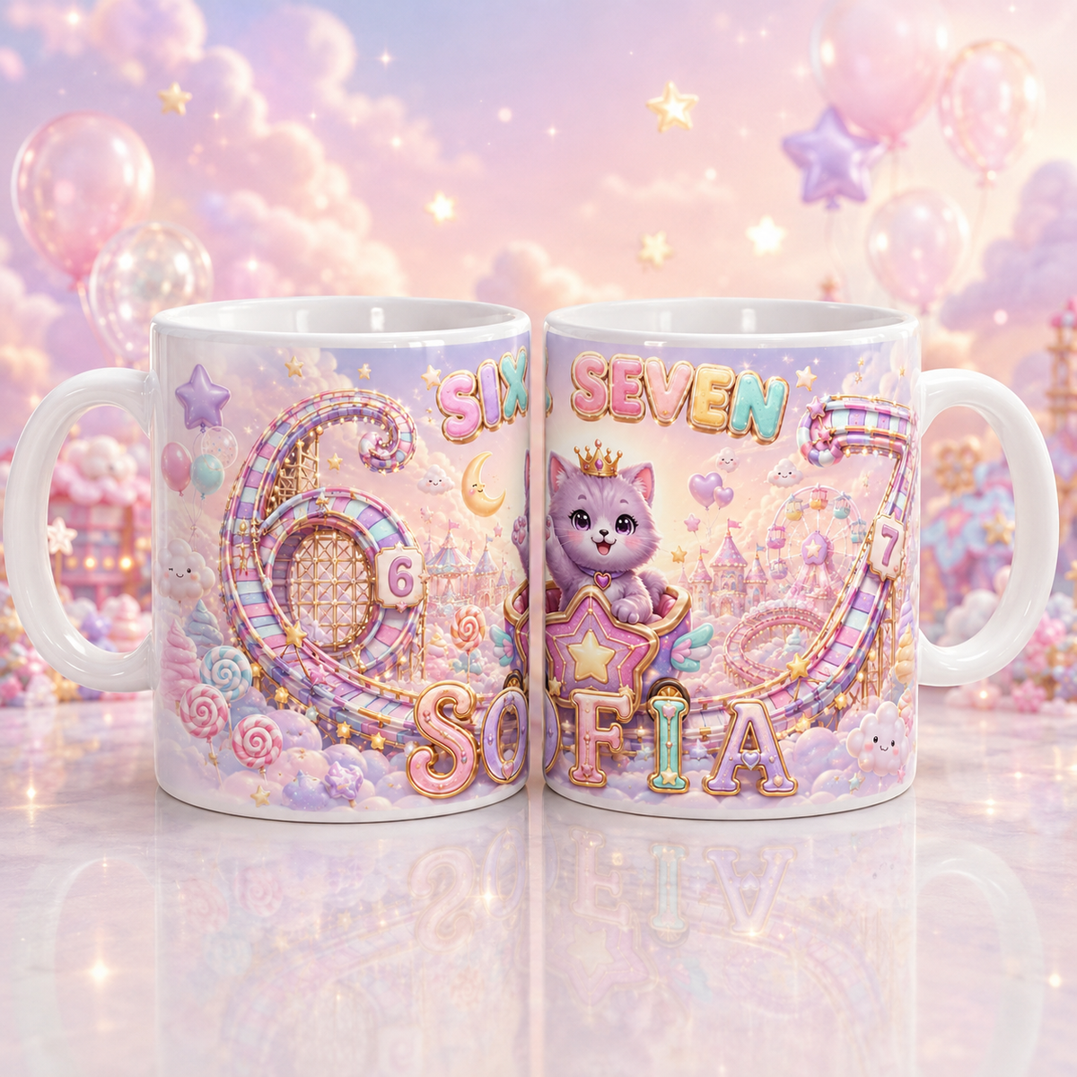 Cană personalizată Six Seven cu nume – Model Pastel Fantasy | 330 ml