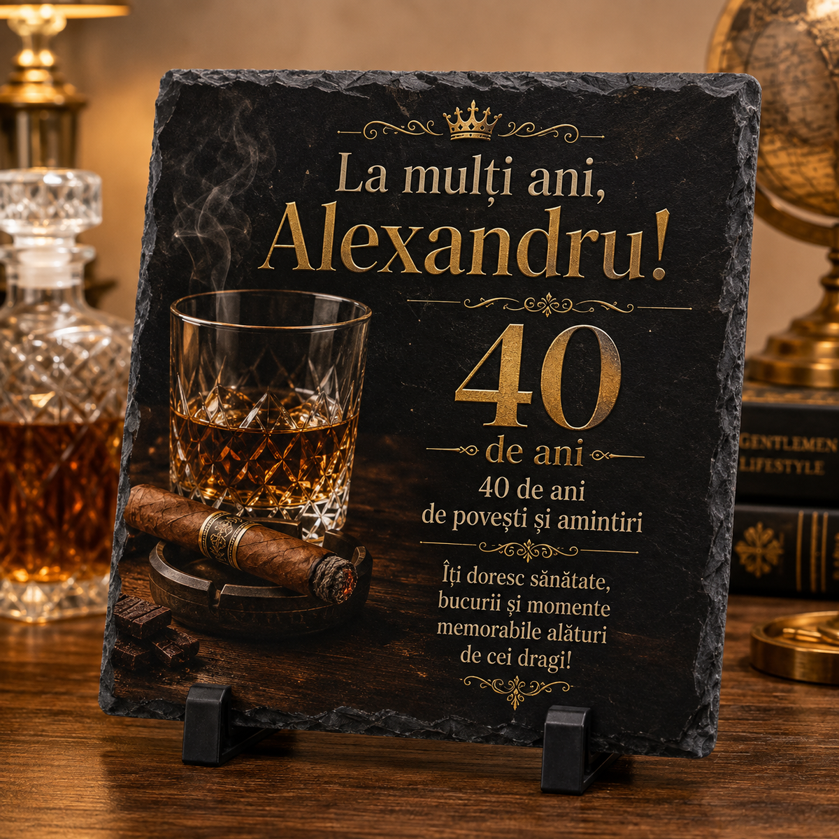 Placă din ardezie personalizată „40 de ani de povești și amintiri” – cadou aniversar premium pentru bărbat