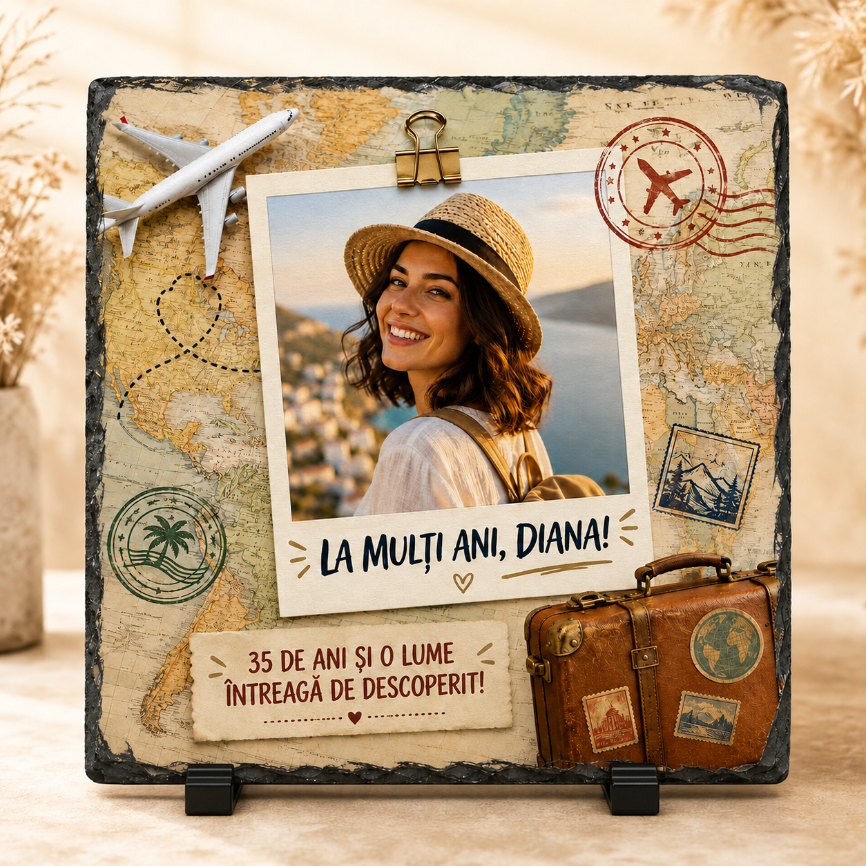 Placă de ardezie personalizată 20×20 cm – „O lume întreagă de descoperit” | Cadou aniversar pentru iubitorii de călătorii
