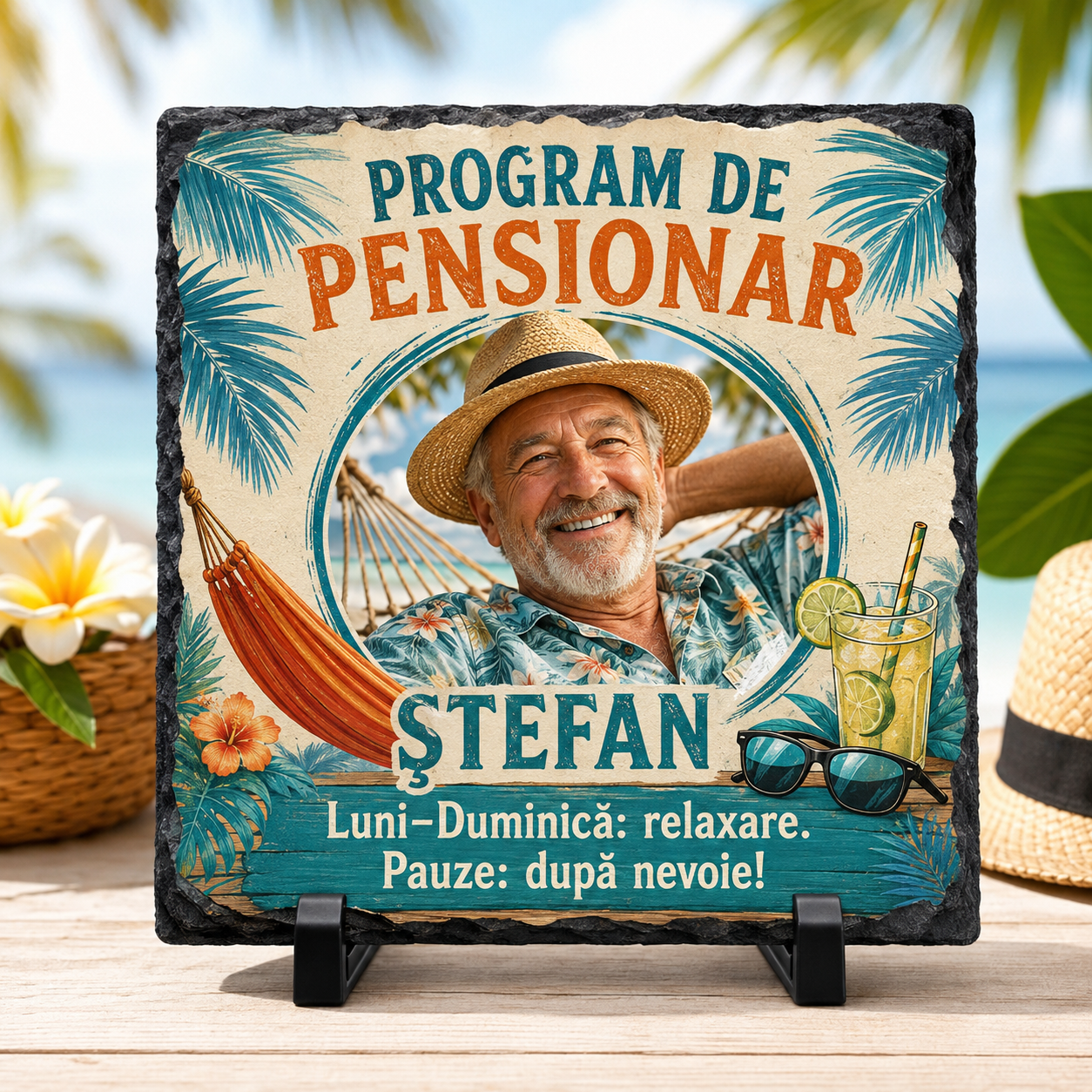 Placă ardezie personalizată 20×20 cm „Program de pensionar” – Cadou amuzant cu fotografie