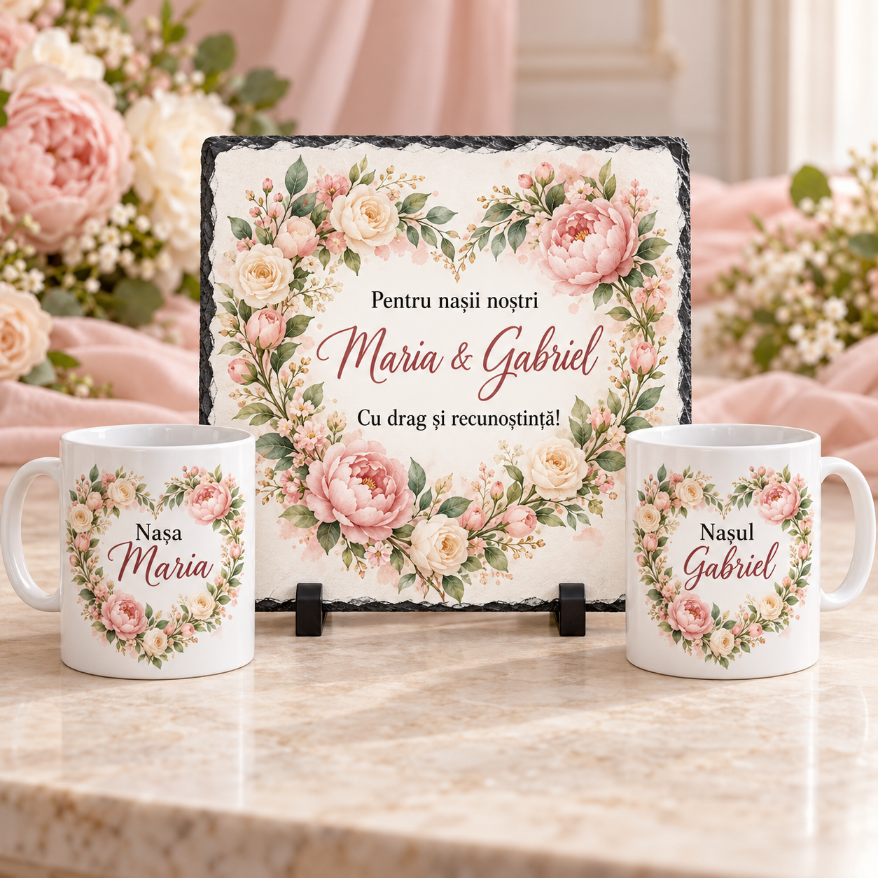 Set cadou personalizat pentru nași – Ardezie 20×20 cm și 2 căni, inimă florală cu bujori roz